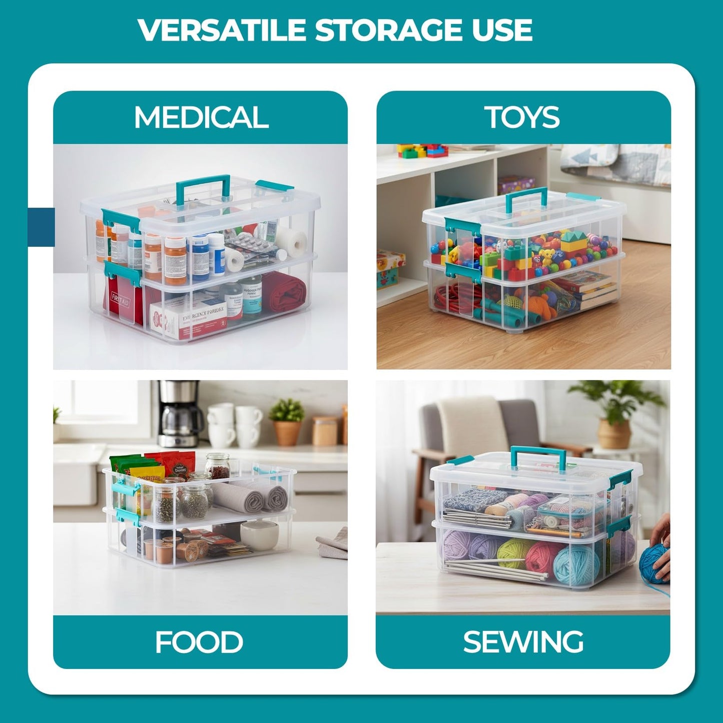 Tribello Craft Box & Art Supply Storage Organizer – Stackable Art Organizer and Craft Storage Box with Handle, 2-Layer Clear Art Supplies Organizer (14 x 10 x 7)