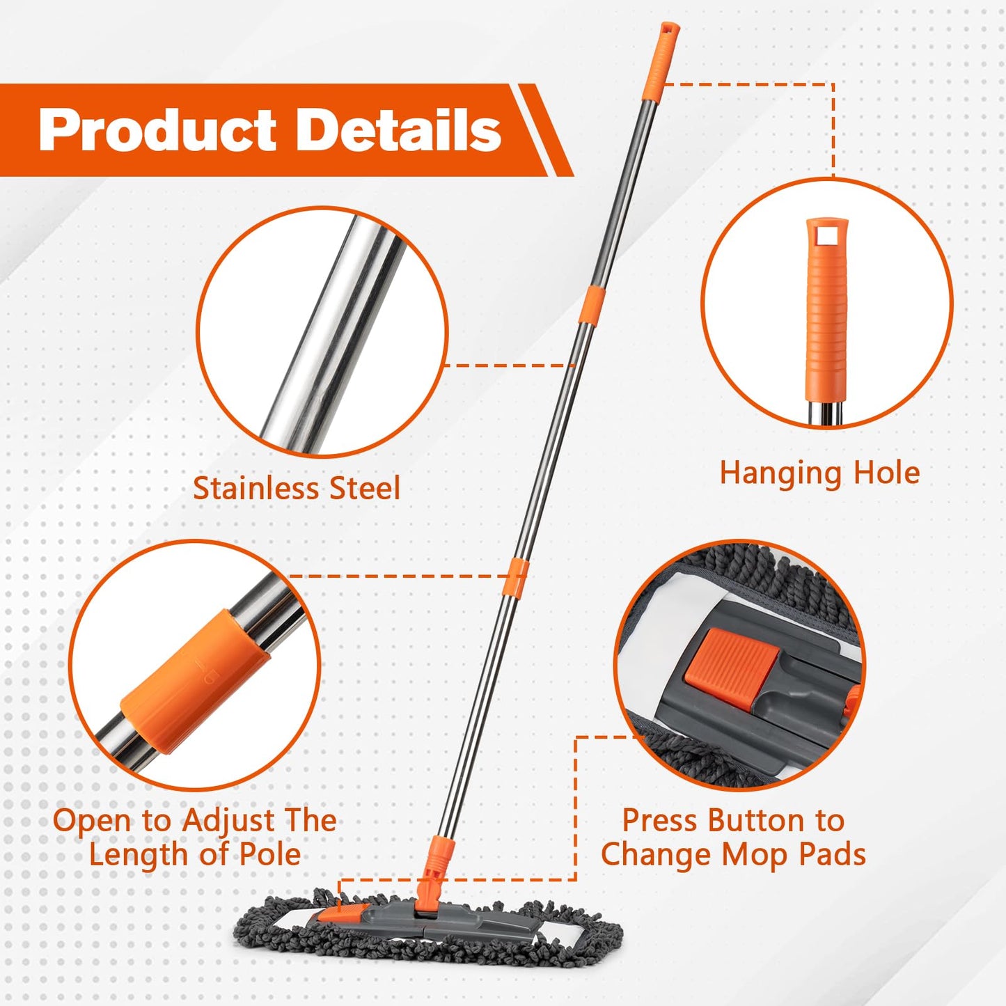 Dust Mop for Floor Cleaning with 3 Washable Pads and 55” Long Stainless Steel Handle,Microfiber Mop for Hardwood Floors, Tile, Marble Floors (Microfiber mop)