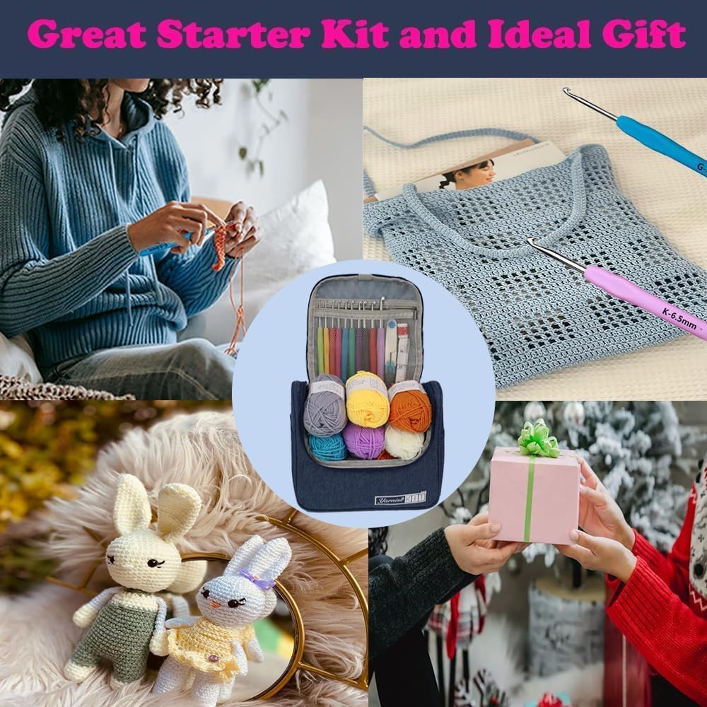 Yarniss Crochet Kit for Beginners,All in One Crochet Kits with 840 Yards Crochet Yarn,Ergonomic Crochet Hooks Set with Yarn for Adults,Navy