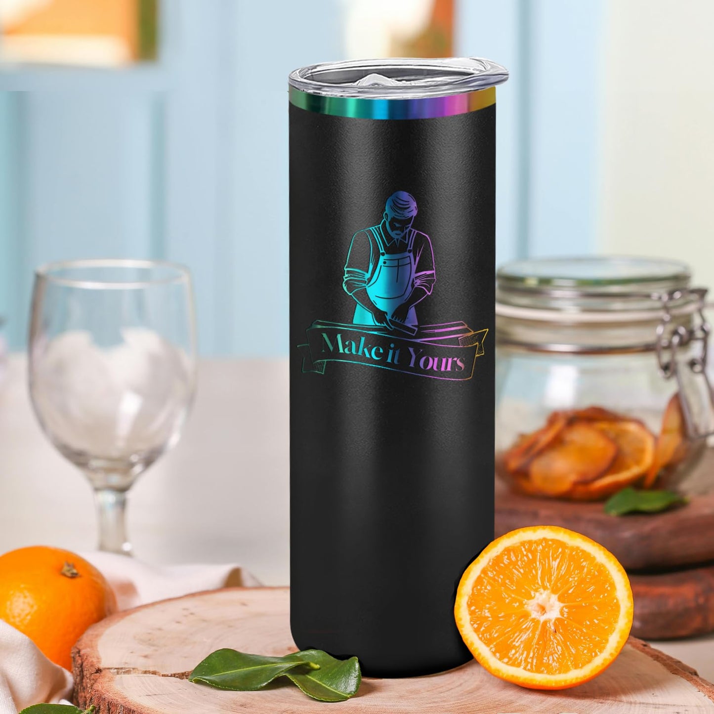 YOUKE OLA 8 Pack Rainbow Plated Stainless Steel Tumbler Straight Double Wall Powder Coated for Laser Engrave, 20oz Black To Iridescent