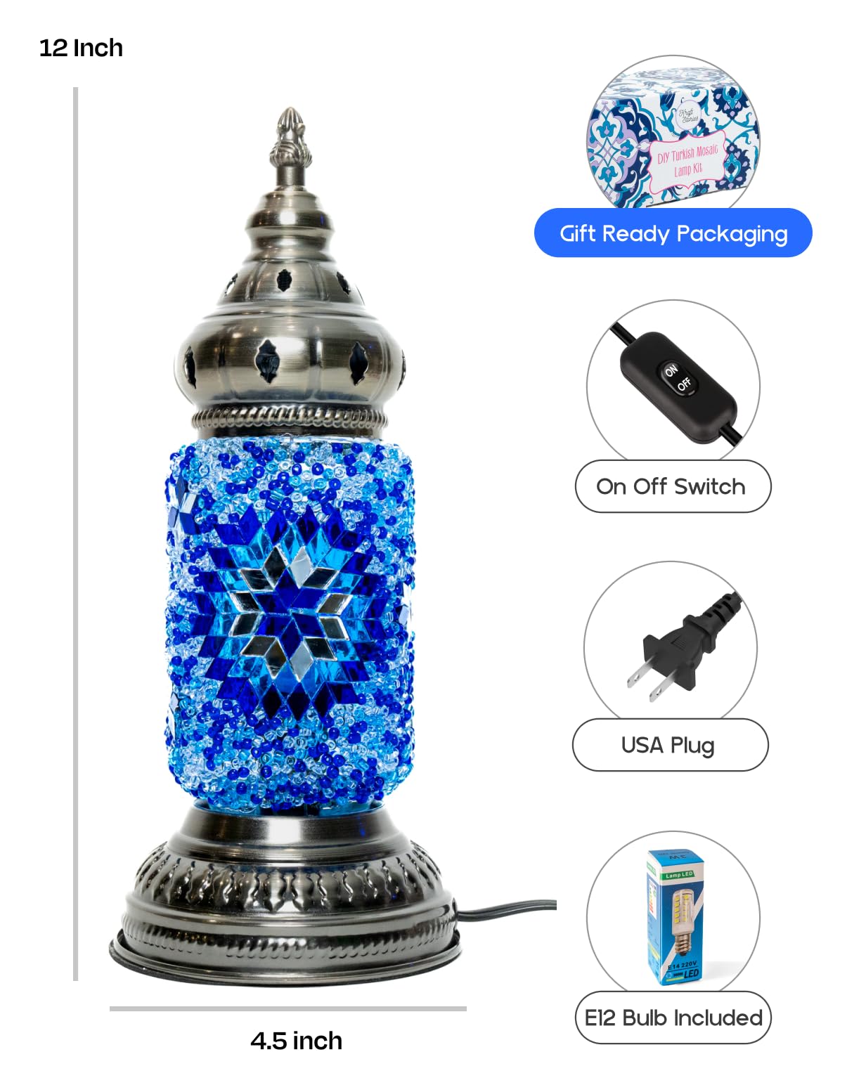 KRAFTSTORIES DIY Turkish Mosaic Lamp Kit – Create Your Own Colorful Glass Table Lamp | Handmade Arts & Crafts Kit for Adults | Moroccan Boho Unique Gift Idea, Includes All Materials (Blue)