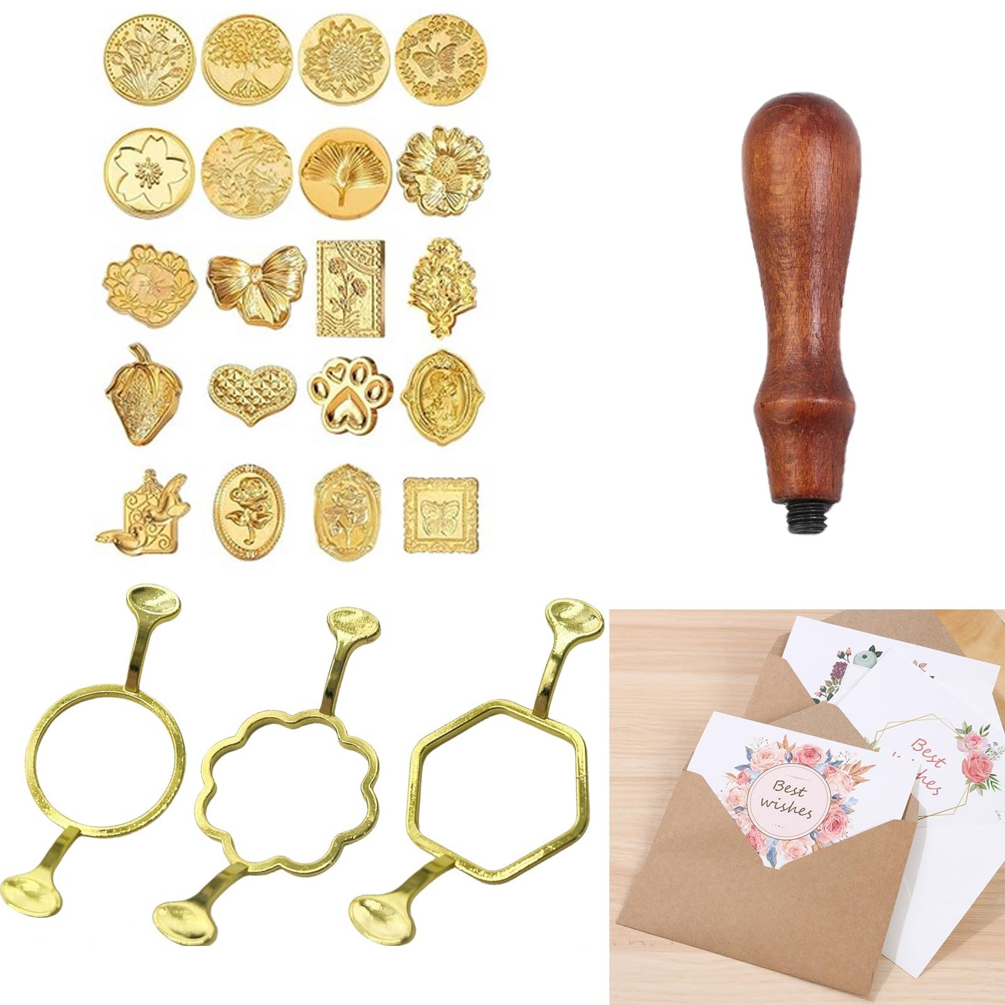 Wax Seal Stamp Kit,Vintage Classic Sealing Wax Stamp Heads with Wooden Handle & Metal Wax Seal Molds, with Envelope Greeting Card, for Gift Wrapping,Wedding, Party Invitations (Gold-A02)