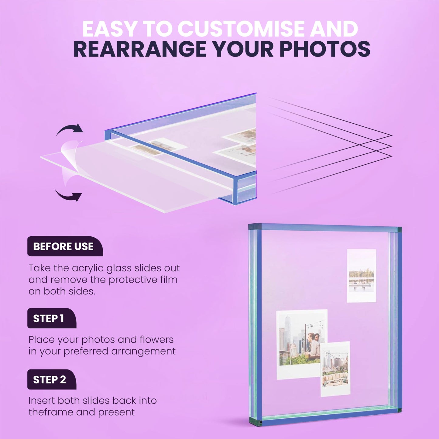 Elil 5x7 Acrylic Picture Frame – Blue Floating Polaroid Fujifilm Instax Display 8.3" x 7.6" Holds 5x7 Photo or 6 Mini or Go Print Double-Sided Collage for Desk Wedding Anniversary Graduation