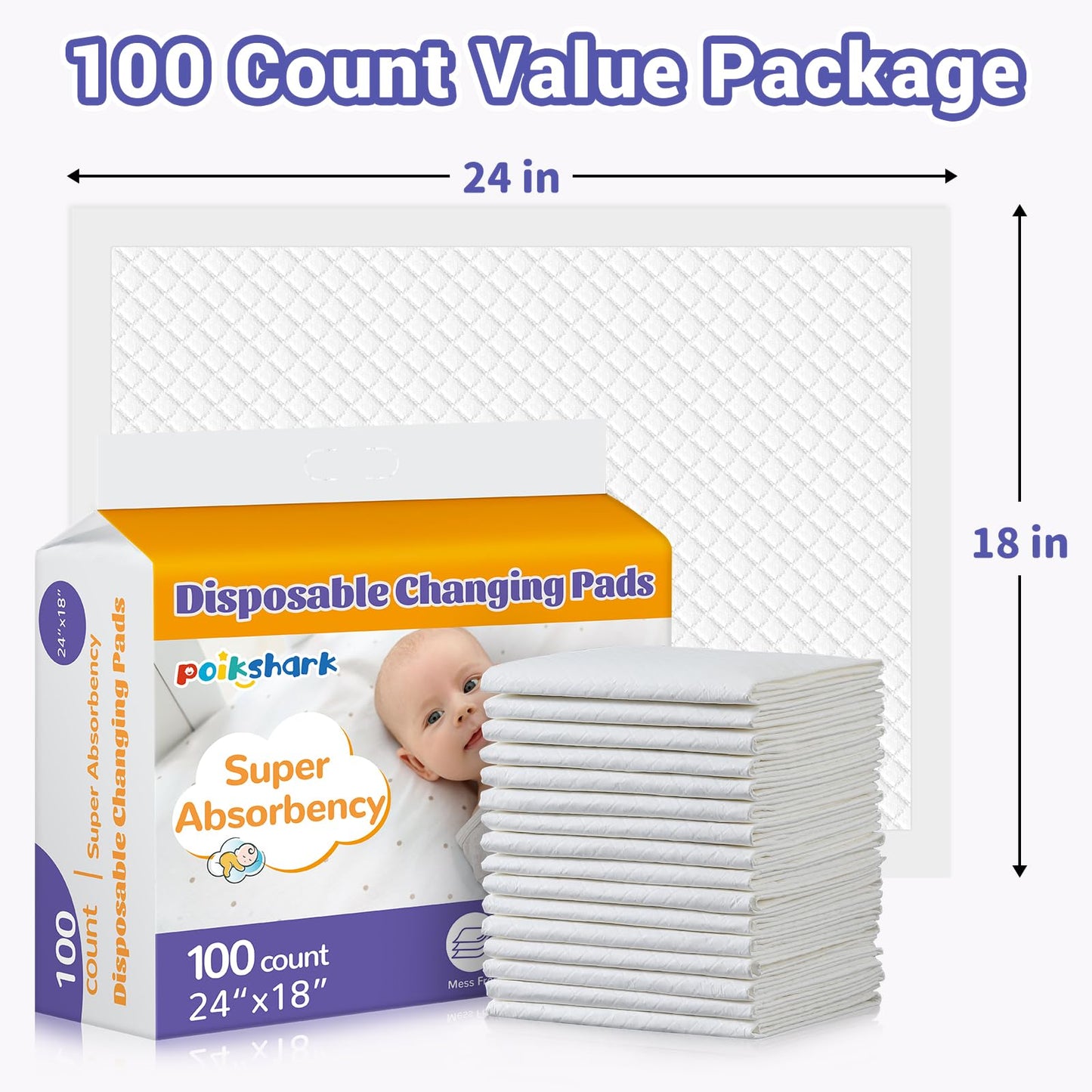 100 Pack Disposable Changing Pads for Baby, 18" x 24" Super Absorbency Disposable Underpads Large Bed Pads Absorbent Fluff Protective Table Pads Disposable Diaper Changing Pads, Leakproof