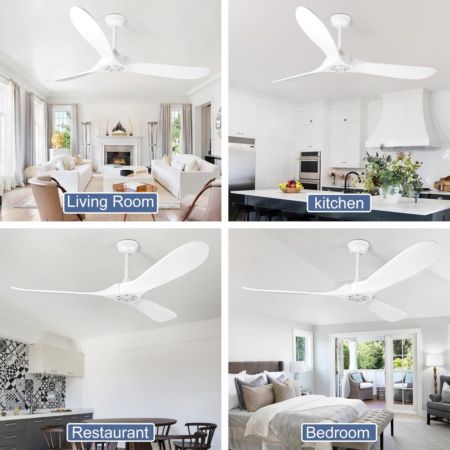 YOZZAN Solid Wood Ceiling Fans no Light,60'' White Ceiling Fan with Remote Control,DC Motor with Large Airflow,Indoor and Outdoor Ceiling Fan for Living Room,Bedroom,Patios
