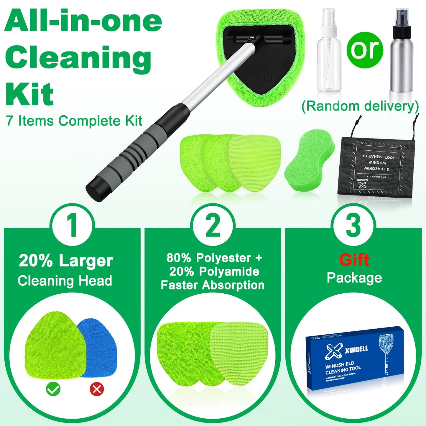 XINDELL Windshield Cleaner Tool – Upgrade Large Head Car Interior&Exterior Window Cleaning Kit with Extendable Handle & 4 Microfiber Pads, Auto Wiper Brush for Car, Trucks, SUVs, RVs & Home Windows