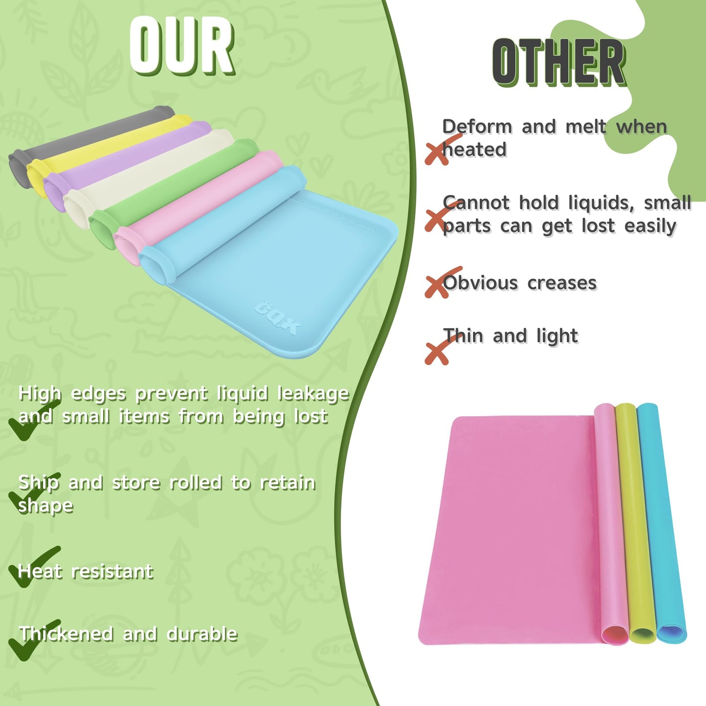 Silicone Art Mat for Crafts, 24" x 16" Painting Mat for Kids with Raised Sides to Stay Tidy, Paint Craft Mats for Clay, Resin, Slime, Jewelry-Making & Crafts Creation (Green)