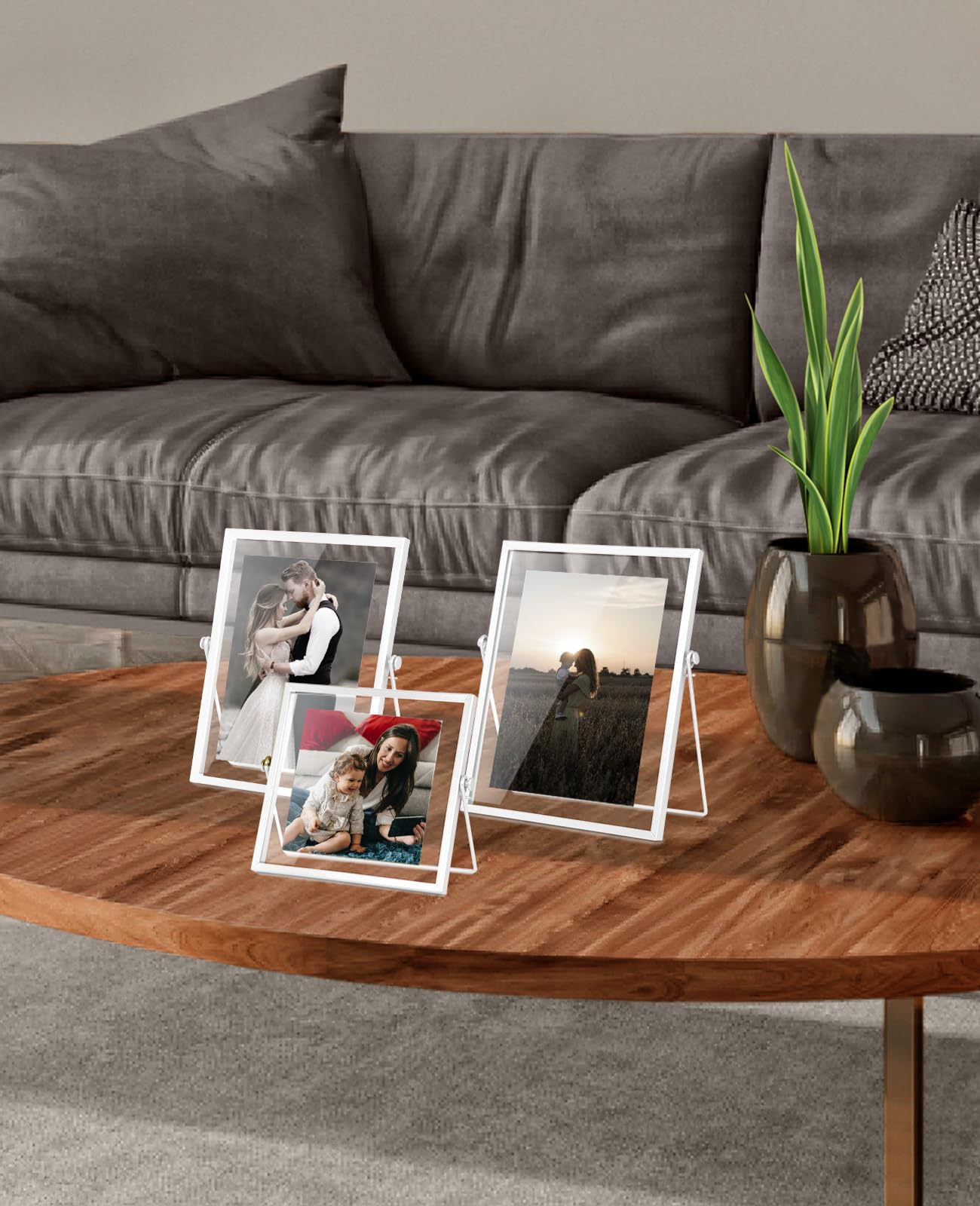 AceList Metal Picture Frames, Set of 3 Ornate Minimal Floating Edge Clear Glass Table Top Easel Stand Photo Frames in White, 8 x 10, Assortment Variety