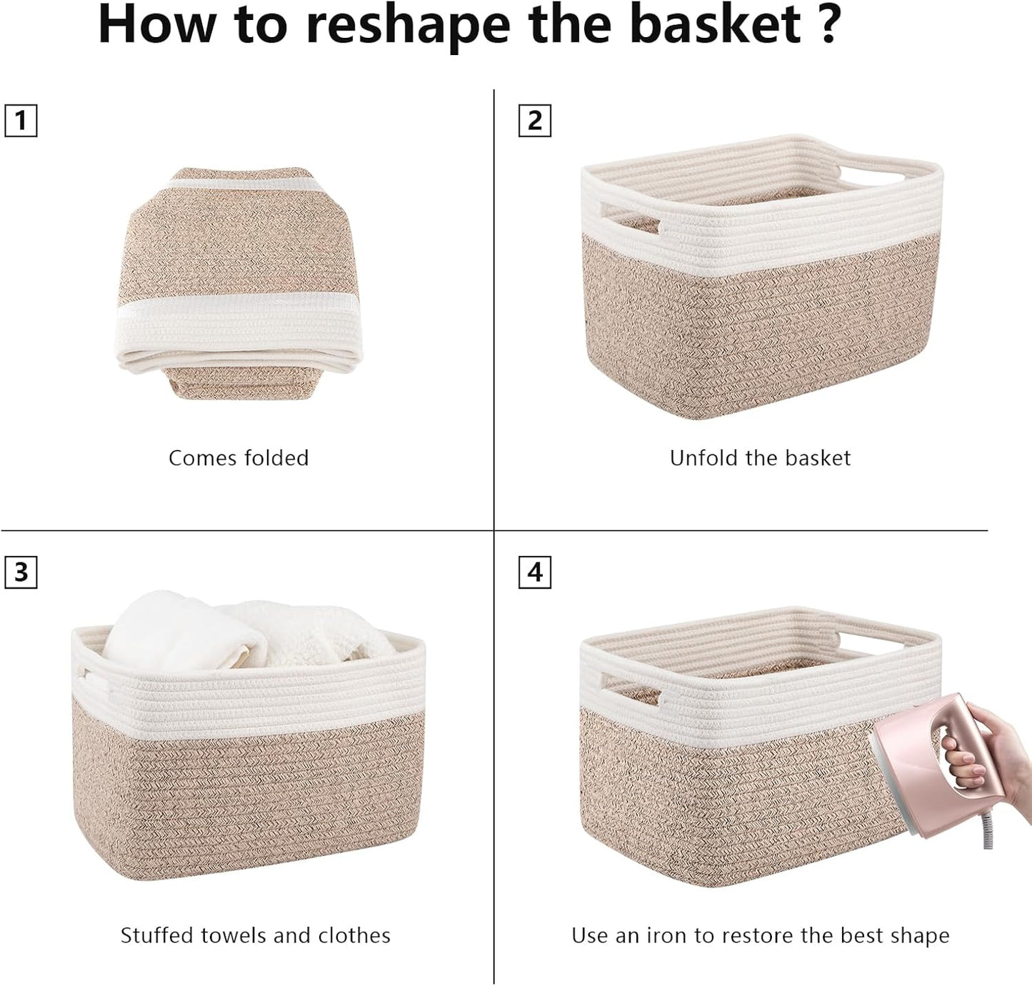 OIAHOMY Storage Baskets - Woven Cotton Rope Organizers with Handles | 13" L x 9" W x 7.8" H, Brown & White