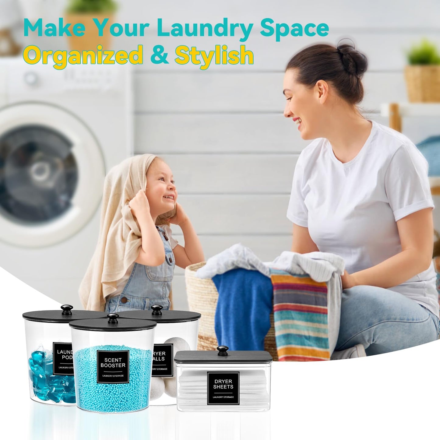 SACIOVEE Laundry Pods Container & Dryer Sheet Holder, Laundry Room Organization and Storage Jars with Lids, Labels & Scoops for Powder Detergent Scent Booster, Black Lid