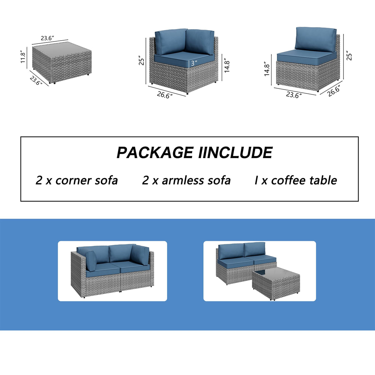 Shintenchi 5 Pieces Outdoor Patio Furniture Sets, Patio Sectional Sofa Couch, Gray PE Wicker Furniture Modular Patio Conversation Sets Patio Sofa with Washable Cushions & Table(Aegean Blue)