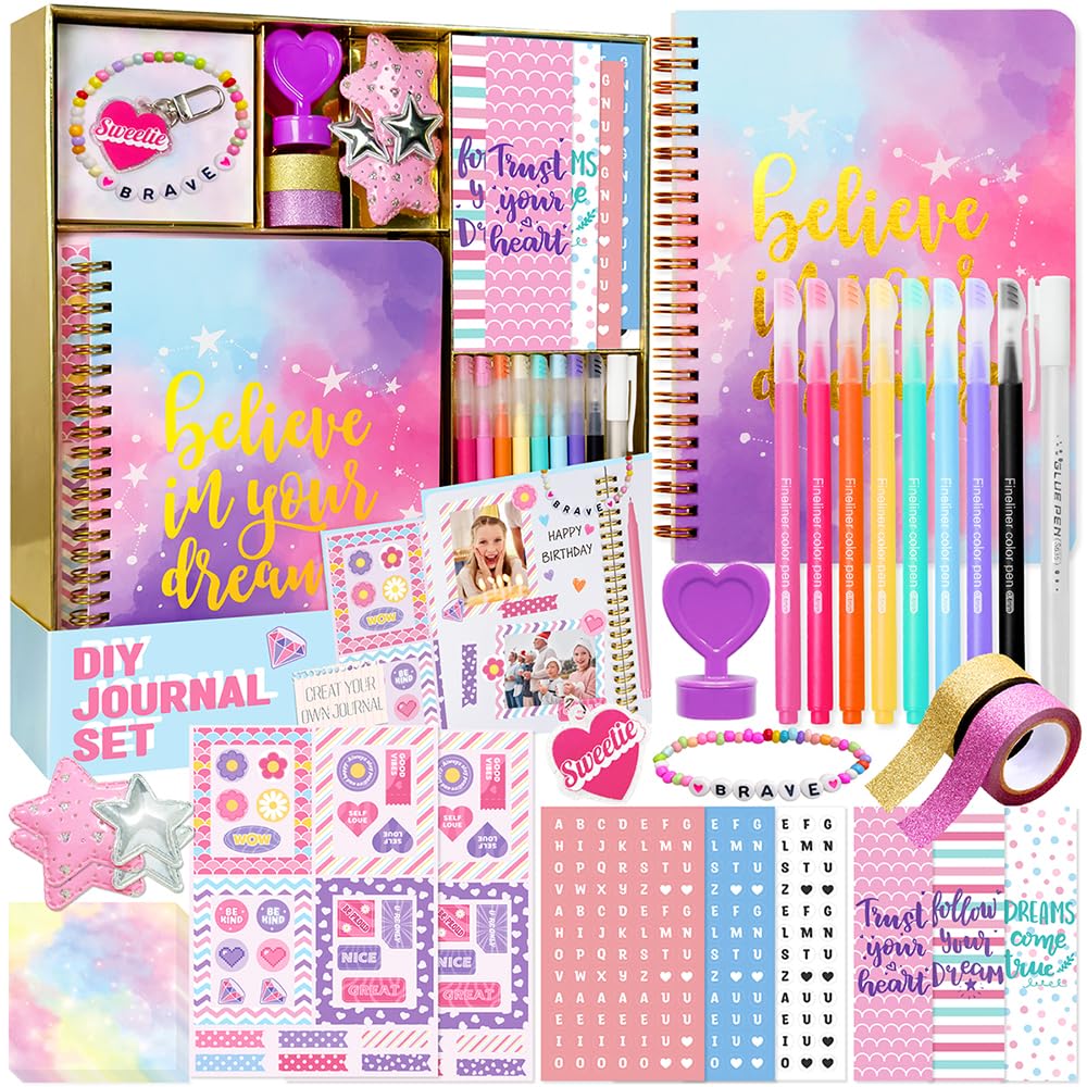 Nollh DIY Journal Kit for Girls - 200+PCS Teen Tween Girl Gifts Trendy Stuff, Stocking Stuffers, Scrapbook Supplies Stationery Set, Art Crafts Kit - Ideal Gifts for 8 9 10 11 12 13 14 Year Old Girl