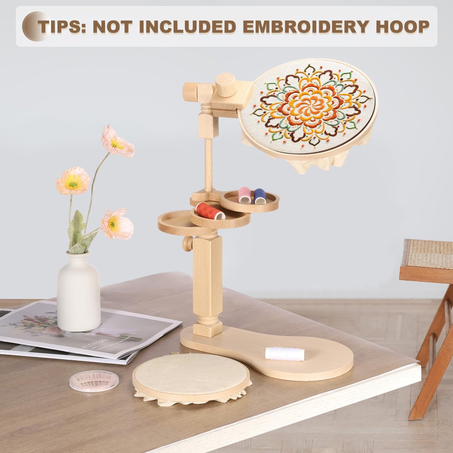 PATIKIL Embroidery Hoop Stand, Adjustable Rotated Beech Wood Cross Stitch Stand Holder with Built-in Storage Tray for DIY Art Craft, Sewing, Needlework Projects