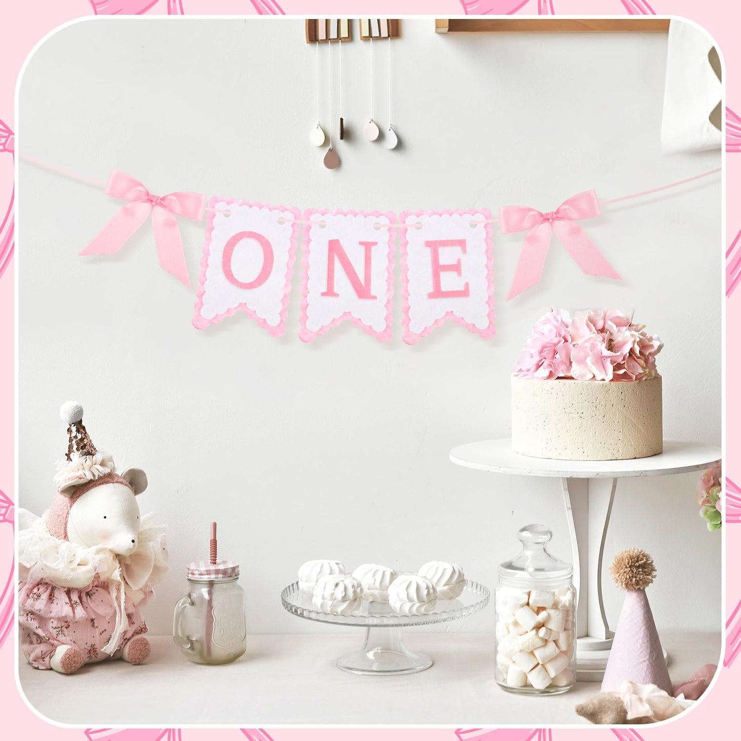 VitalCozy Pink One High Chair Banner for Girls Boys First Birthday High Chair Banner Sweet One Bow Floral Garland 1st Birthday Celebration Decorations (Classic)