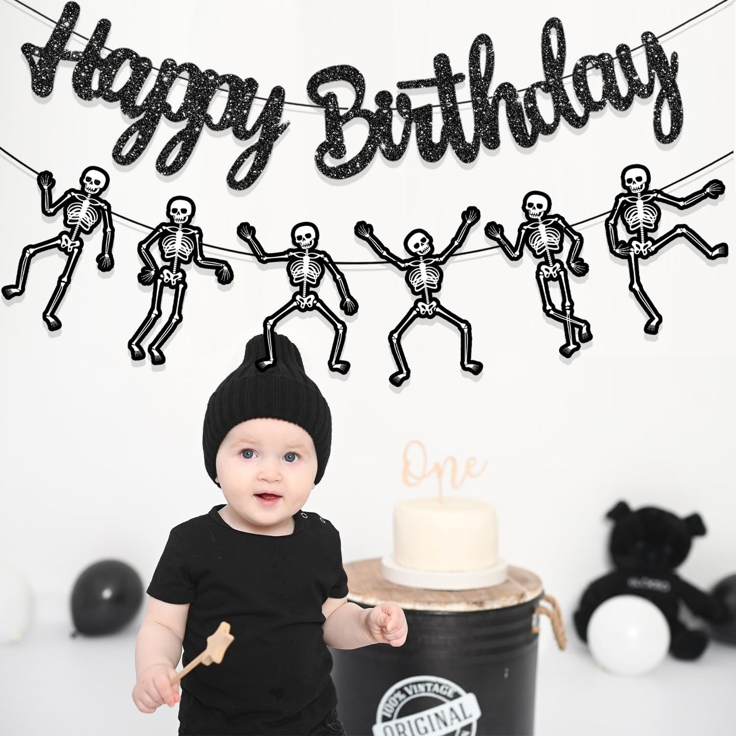 Skeleton Birthday Party Banner Halloween Party Decorations Dancing Skeleton Cutout Banner Glitter Black Skull Party Decoration for Halloween Holiday Celebration Supplies
