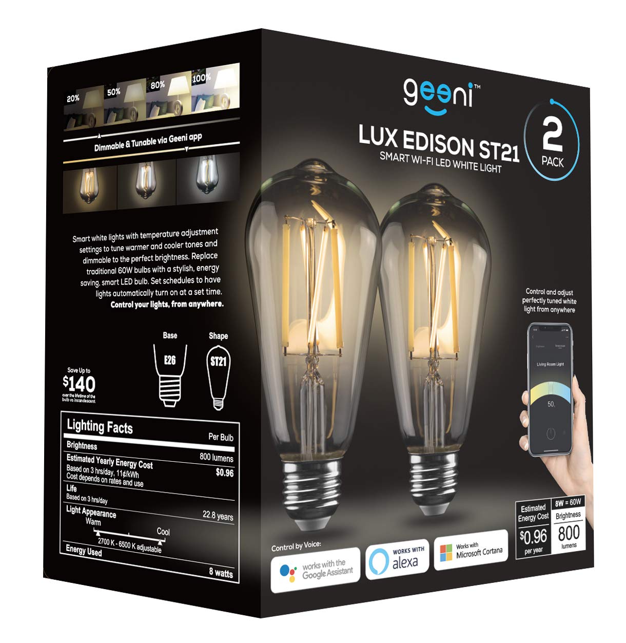 Geeni Smart Light Bulb - Alexa and Google Home Compatible, Tunable White LED Programmable and Dimmable WiFi Light Bulb, App Controlled (ST21, 2-Pack)