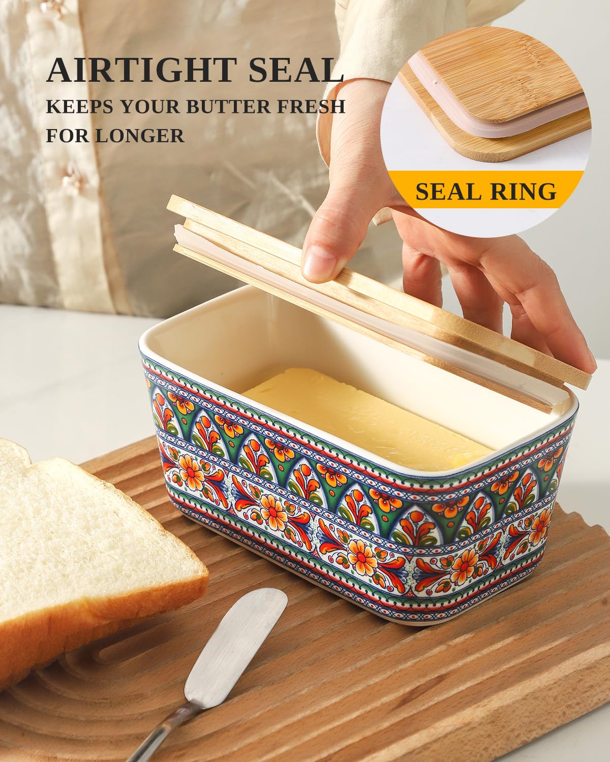 JINGUS Butter Dish - Large Ceramic Bohemian Butter Dish with Lid for Countertop, Airtight Butter Container Holder Keeper Box Storage with Bamboo Cover and Silicone Ring for East West Coast