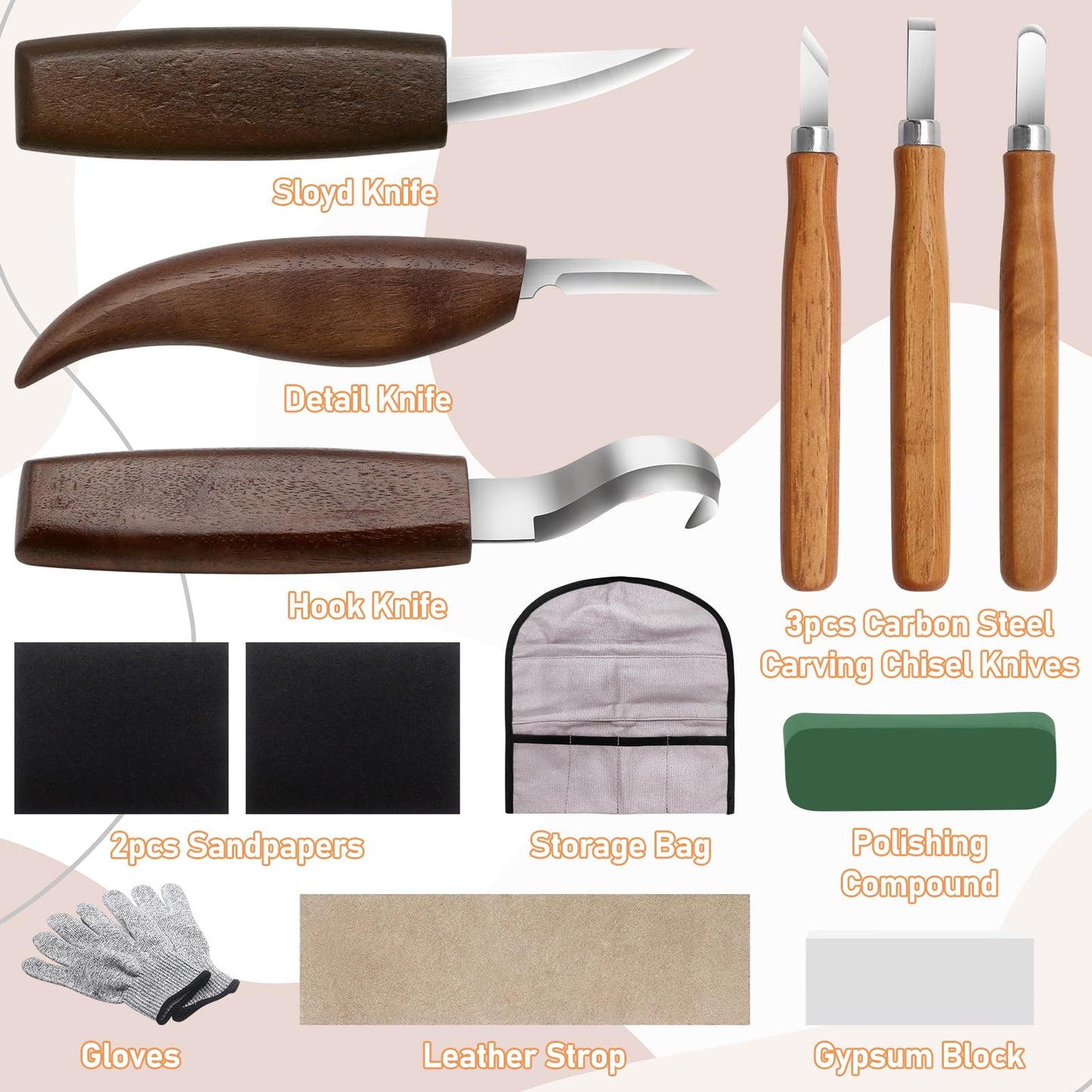 12-Piece Wood Carving Tool Set with Hook Knife, Detail Knife, Chipping Knife, Cut-Resistant Gloves, Sandpaper & Sharpening Strop – Complete Carving Kit with Carrying Bag for Beginners & Professionals