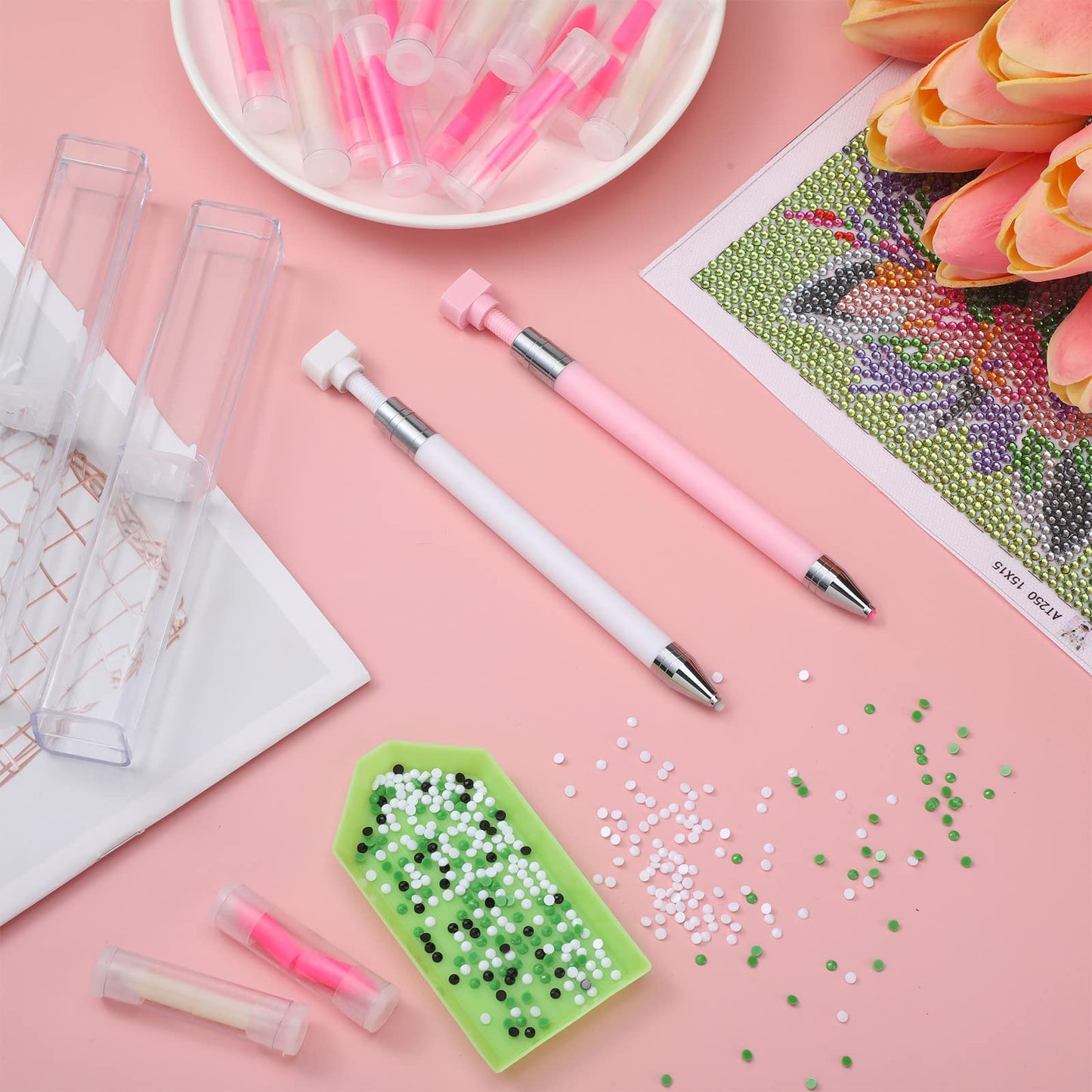 Jutom 2 Pack Diamond Painting Pens with 40 Replacement Wax Pink Wax Diamond Art Accessory with Protective Case Art Pen Tool for Nail DIY Painting Craft Gem(Solid)
