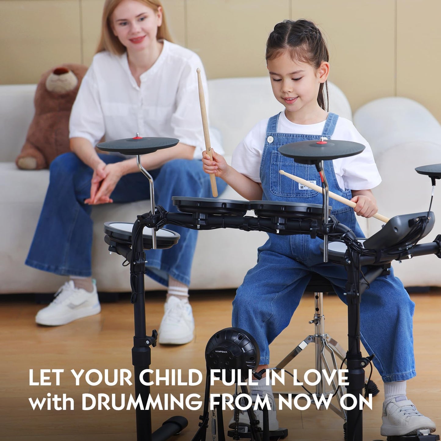 HAMPBACK MK-0 PRO Electric Drum Set with 7'' Mesh Drum Pads, 8'' Full Rubber Cymbals, 5'' Bass Drum, 12 Kits and 68 Authentic Sounds, USB MIDI, Throne, Sticks, Headphone, Suitable for Beginners & Kids