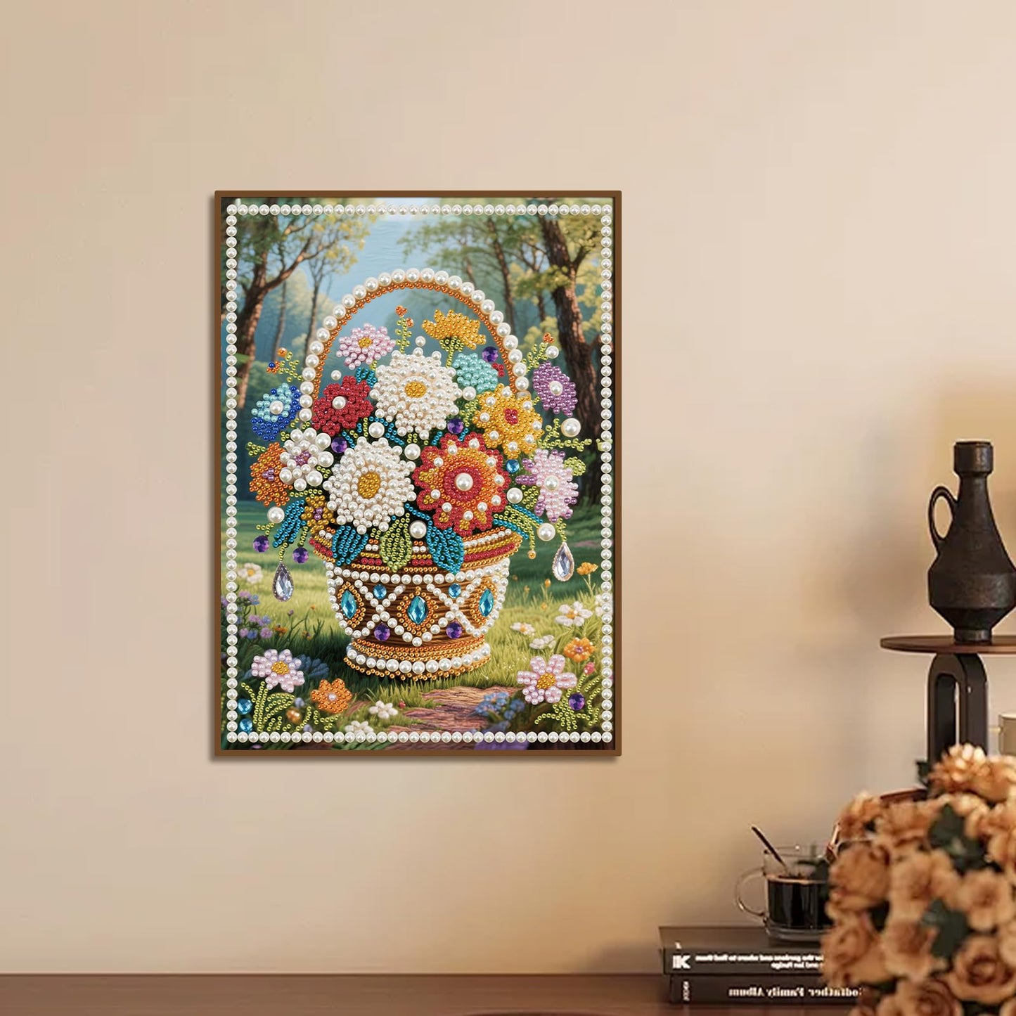Stalente Pearl Diamond Painting Kits for Adults Flower Basket, 5D Special Shape Diamond Art Kits for Beginners, Crystal Rhinestones Diamond Painting for Home Wall Decoration Gift 12×16inch