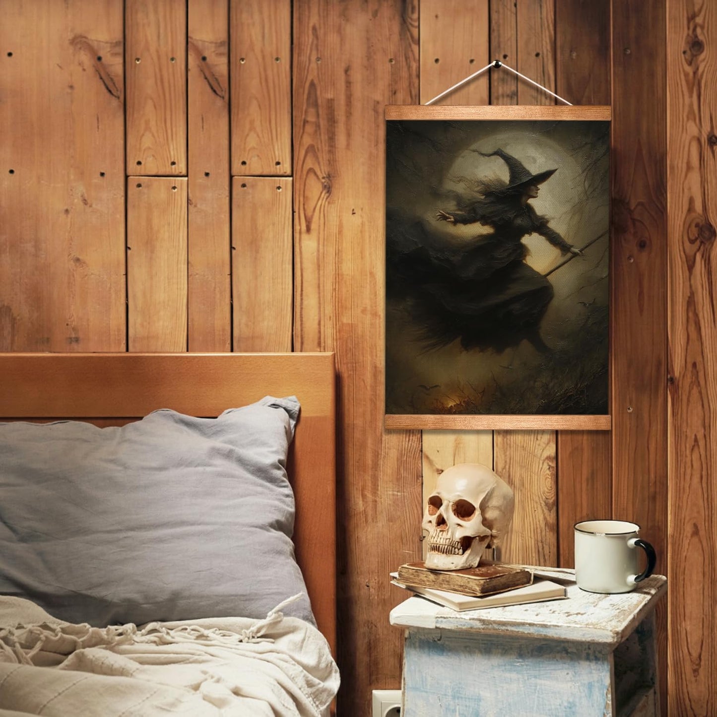 HEYJEEPER Witch Wall Art Decor,18x14inch Gothic Witch Flying on Broomstick Linen Posters, Dark Academia Moon Artwork, Spooky Wall Hanging Decor for Bedroom,Living Room,or Witch Room Decor (A Witch)