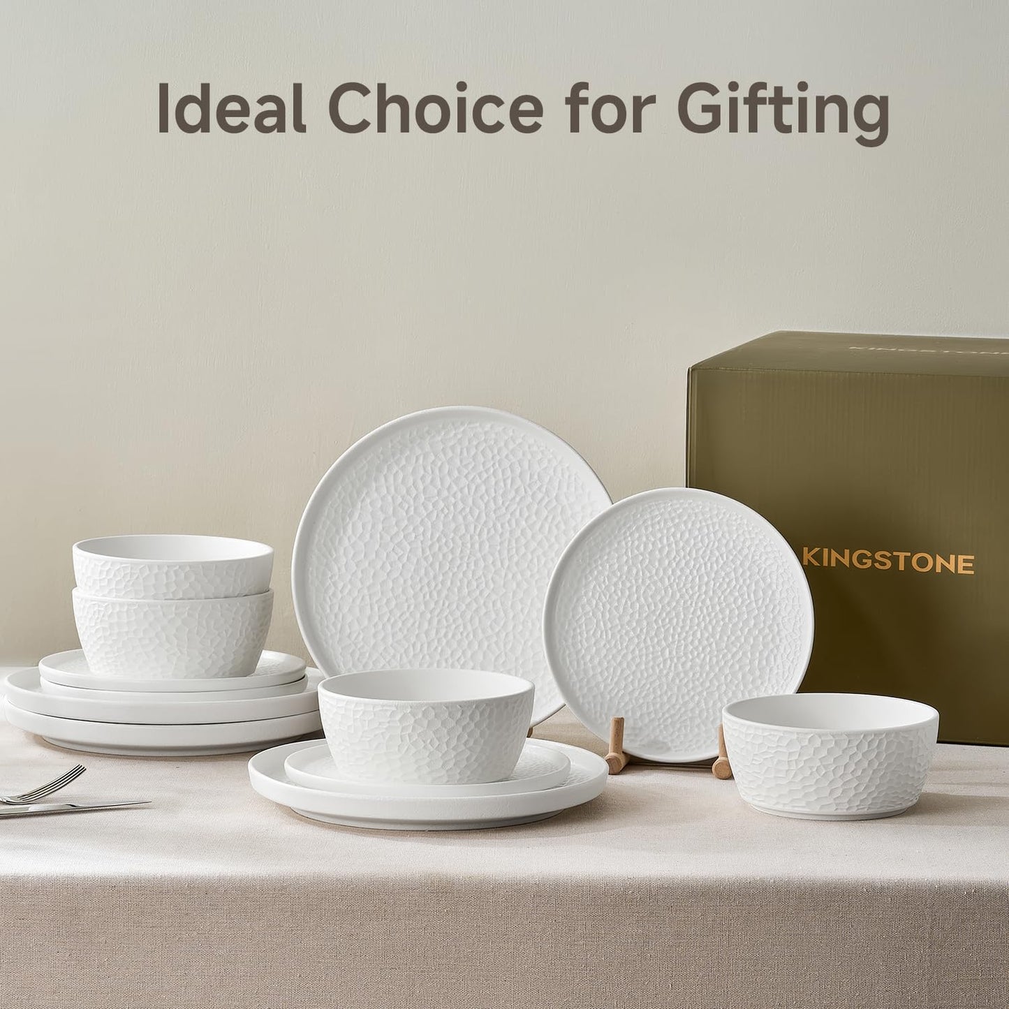 KINGSTONE Ceramic Dinnerware Set, 24-Piece Porcelain Plates and Bowls Set for 8, Matte Black or White, Hammered Texture, Microwave, Dishwasher & Oven Safe, Perfect for Home, Weddings & Gifts