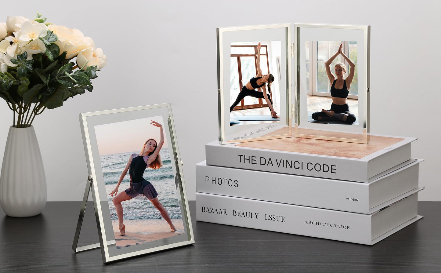 Silver 5x7'' Floating Frame Set of 2, For Photo Sizes ( 3.5x5'', 4x 6''), Silver Plated Metal Frames 5x7'' for Tabletop/Shelf Display, Classy Gift Choice for Wedding, Thanksgiving, Christmas,Birthady.