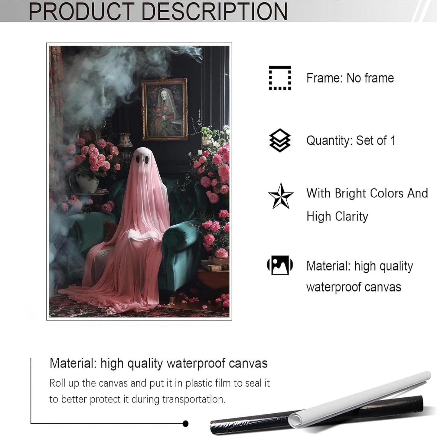 ADRHGCY Retro Pink Ghost Posters, Cute Horror Scary Wall Art, Ghost Figure Sitting on Weeds, 12x16in Unframed
