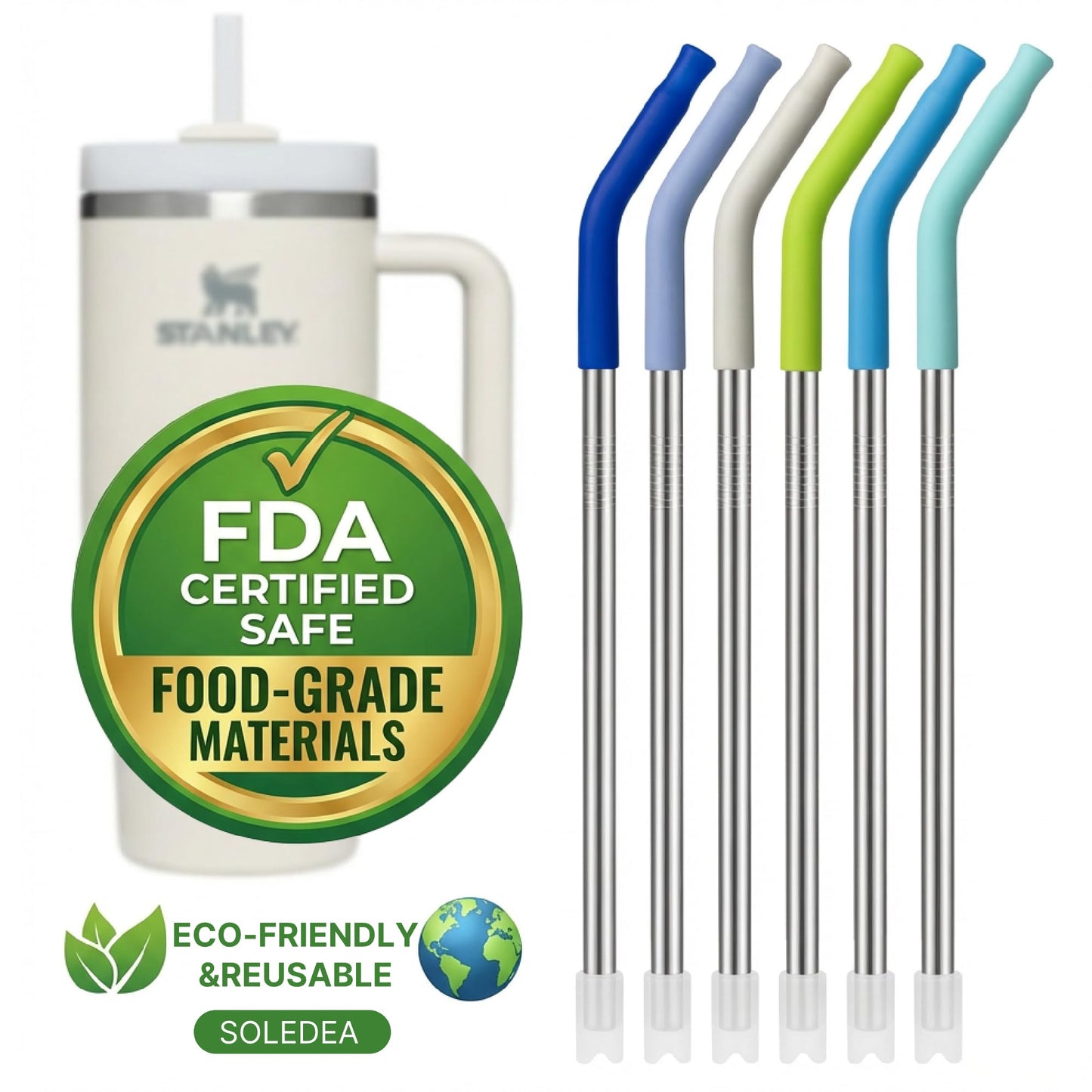 Soledea 6 Pcs Metal Reusable Straws for 40 oz Tumbler, Stainless Steel Long Drinking Straw with Colourful Silicone Tips,Straw for Glass Cups, Cleaning Brushes Included, BPA FREE