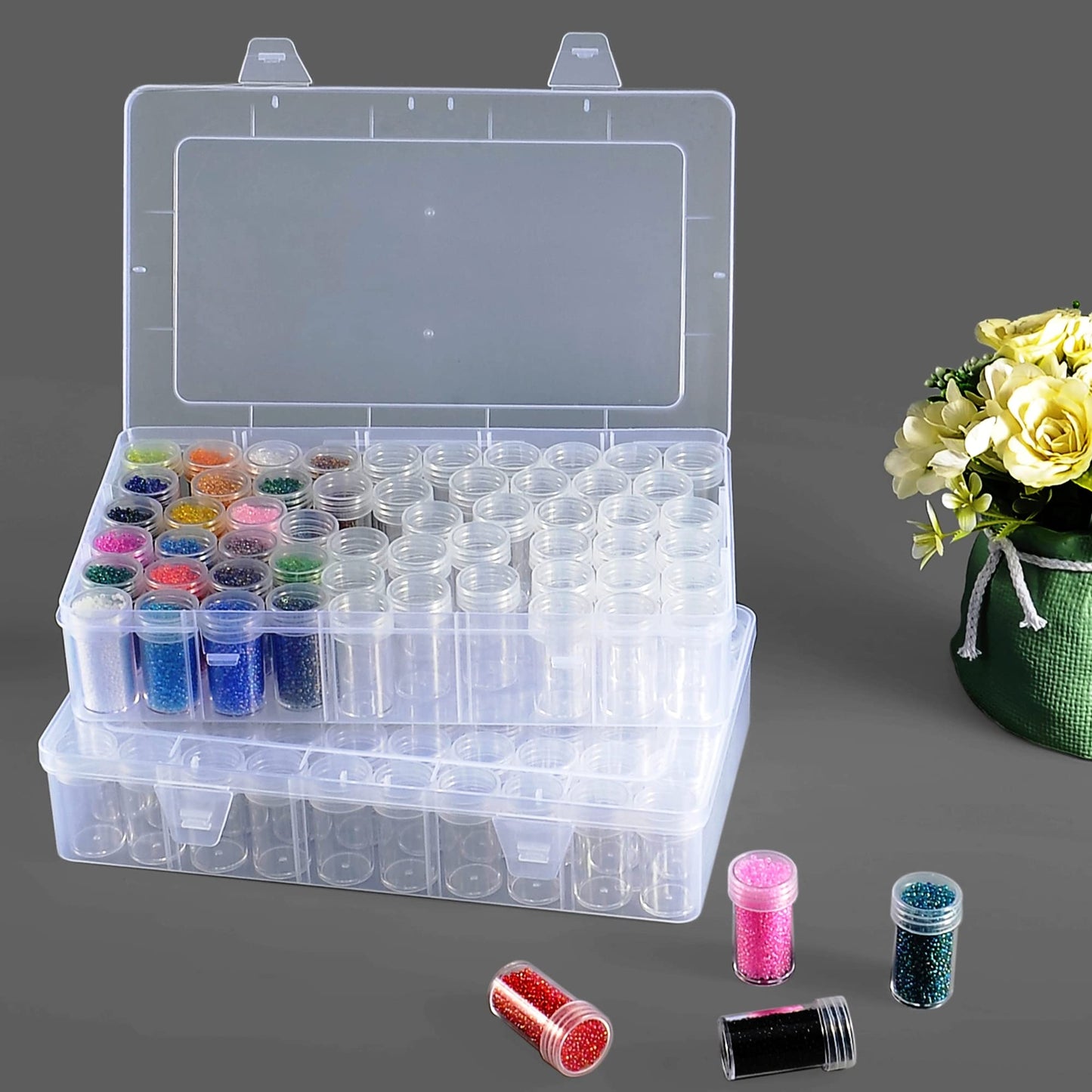 Notgia 1pack 60 Grids Bead Organizer and Storage Diamond Painting Containers Portable Plastic Case Box Arts Crafts Storage for Seeds Beads Sewing Cosmetic Nail Glitter Powder Small Parts Rhinestones