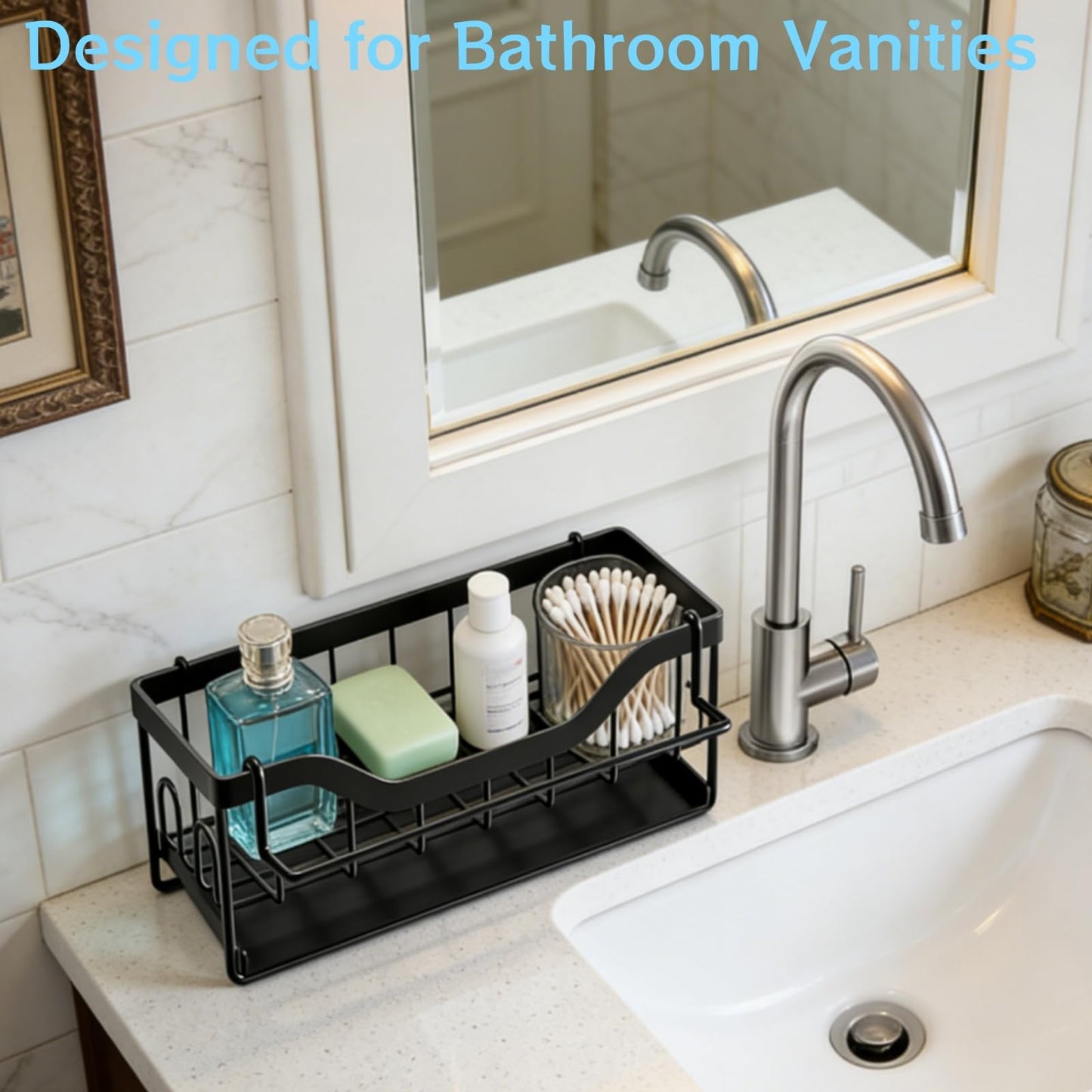 SWILLE Sponge Holder for Kitchen Sink - Sink Caddy Organizer with Auto Drain Tray, Detachable Towel Rack, Stainless Steel Kitchen Counter Organizer Rack, Black