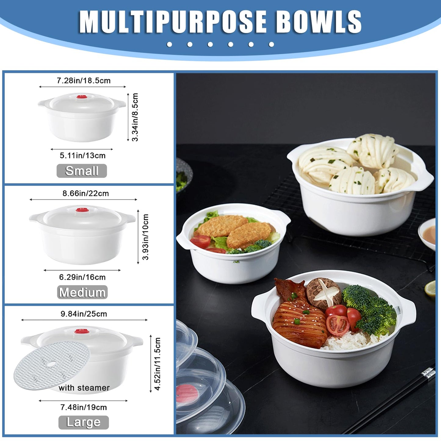 POYIPI 3 Piece Microwave Bowls with Lids Microwave Safe Bowls Microwavable Dishes for Heating Food, Dorm Kitchen Essentials, Cookware Kitchen Supplies, BPA Free