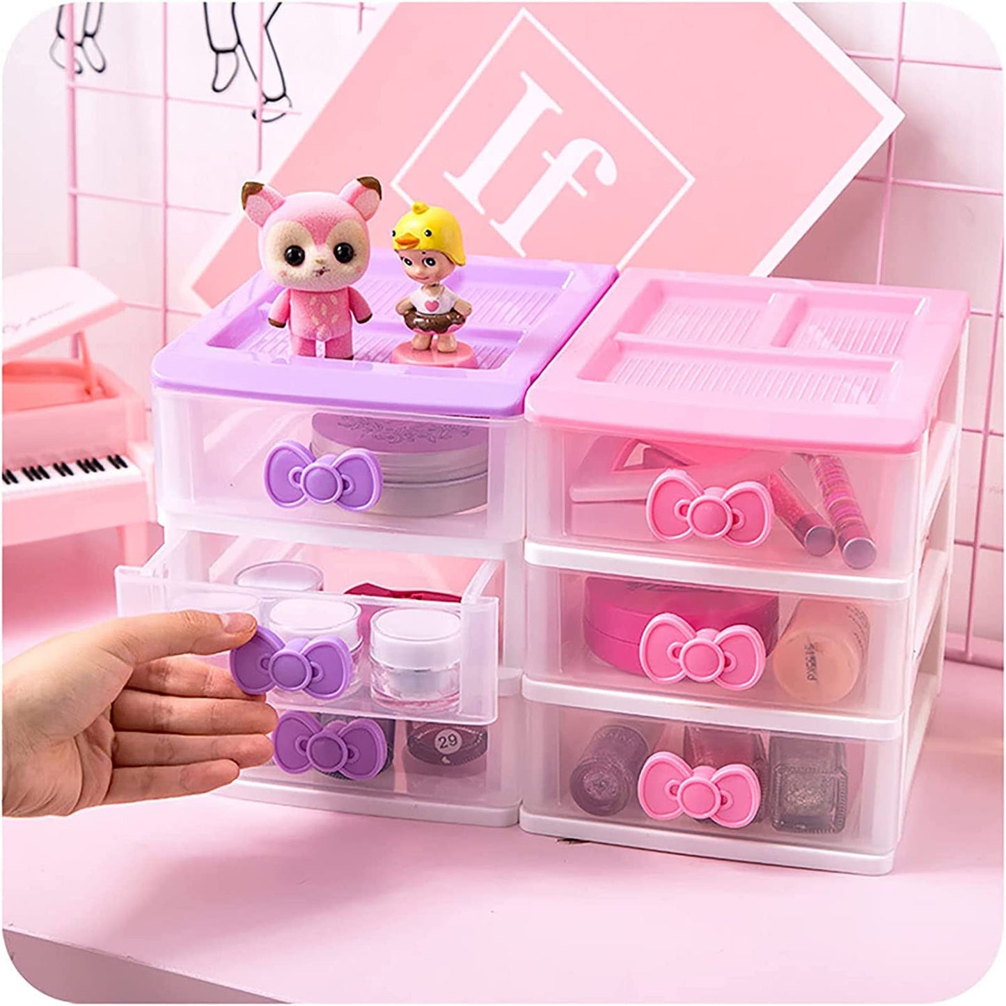 BxuxJar 3 Drawers Small Pink Plastic Drawers Organizer, Kawaii Mini Desktop Storage Drawers, Small Pink Drawers Desk Organizer for Bathroom, Vanity, Office, Bedroom