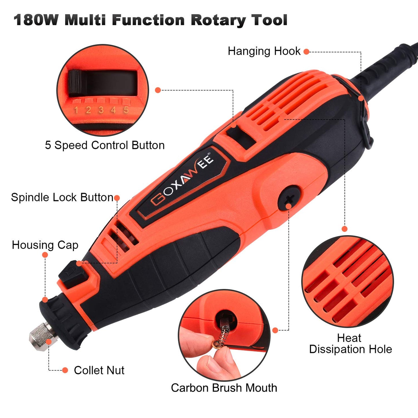GOXAWEE Rotary Tool Kit with 180 Rotary Tool Accessories & Flex Shaft & Universal Collet, 5 Variable Speed Rotary Multi-Tool, Mini Electric Drill Set for Crafting DIY Project(Orange)