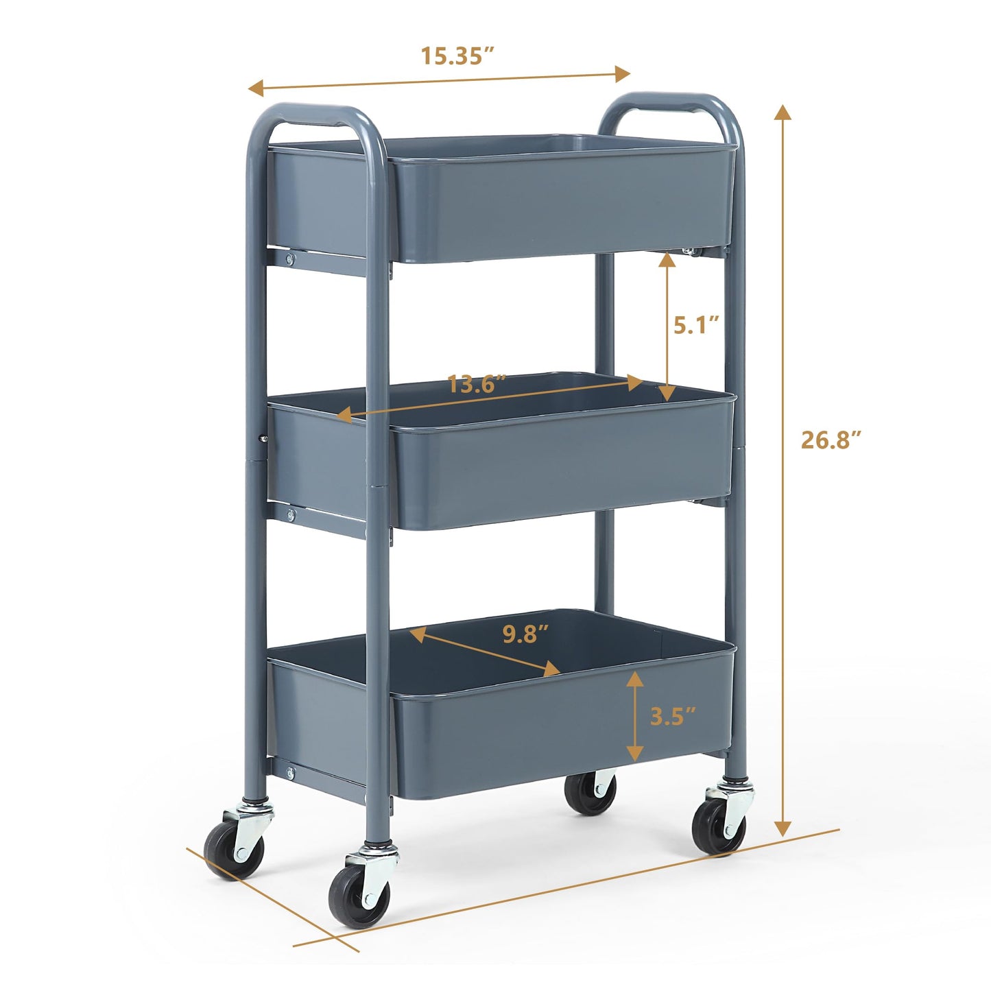 SunnyPoint 3-Tier Delicate Compact Rolling Metal Storage Organizer - Mobile Utility Cart Kitchen/Under Desk Cart with Caster Wheels - Blue (15.35" X 10.24" X 26.8"H)