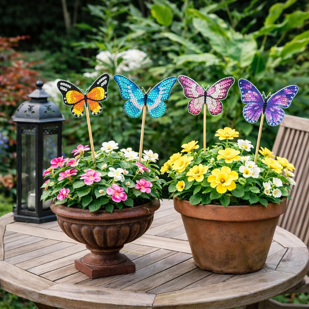 BEAUTYMEHNDI STORE 8 Pack Diamond Art Butterfly Plant Stakes – DIY Mini Diamond Painting Kit for Adults, Garden Decor, Partial Drill Jewel Art, Small Craft for Indoor & Outdoor Plants Adult