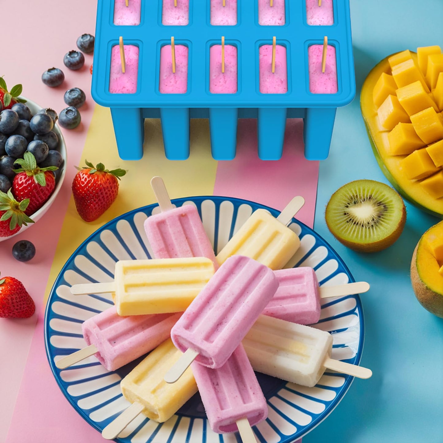 Miaowoof Homemade Popsicle Molds, 10-Cav Non-BPA Silicone Ice Pop Maker, with 50 Sticks, 50 Bags, 10 Reusable Sticks, Funnel, Brush and Ice Pop Recipe (Blue+Bin)