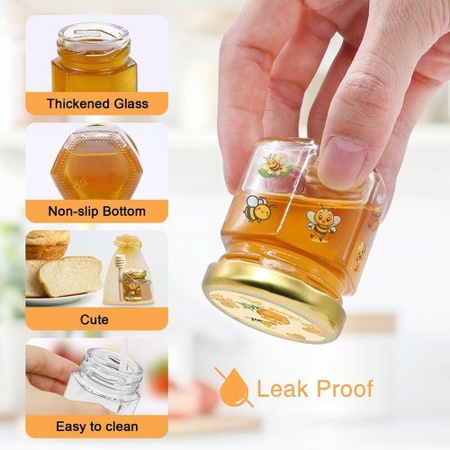 BGraceyy 144Pcs 1.5 oz Mini Hexagon Glass Honey Jars with Dippers, Gold Lids, Bee Stickers, Bee Charms, Gift Bags & Jute–Empty Small Honey Jars for Party Favors Bulk, Ideal for Baby Showers & Weddings