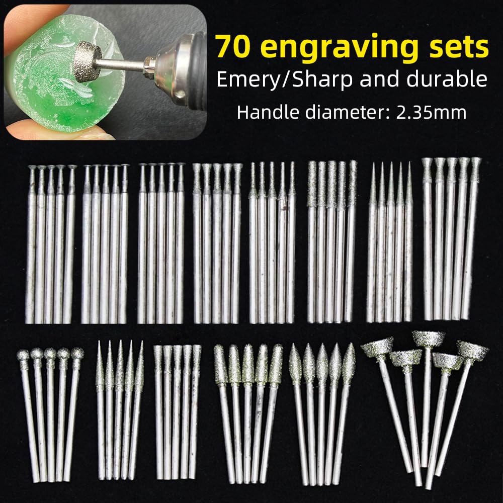 Diamond Sand Engraving Tool Set, 70 Piece Professional Carving Sanding Kit for Jade Stone Jewelry, Multi-Model, 2.35mm Shank