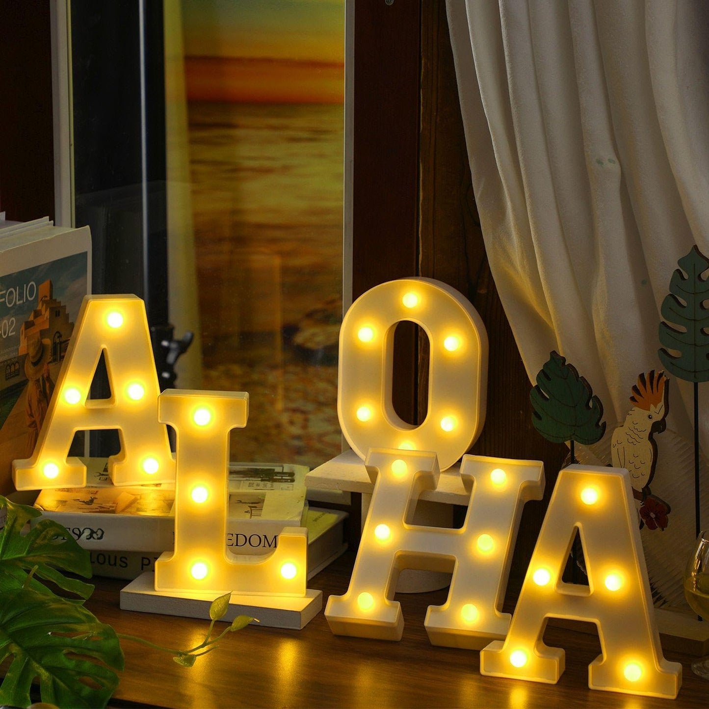 Aurelema 5 Pcs Summer Hawaiian Luau Aloha Party Decorations Aloha Light up Sign LED Marquee Letter for Party Decorations Battery Powered Tropical Alphabet Summer LED Lights for Wedding Night Birthday