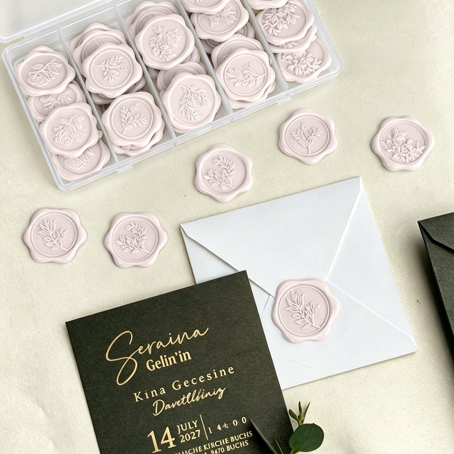 Pollize 50PCS Champagne Wax Seal Stickers 5 in 1, Wedding Envelope Seal Stickers, Self-Adhesive 3D Leaf Design Wax Seals for Invitation, Gift Wrapping, Graduation Party (Leaf Styles)