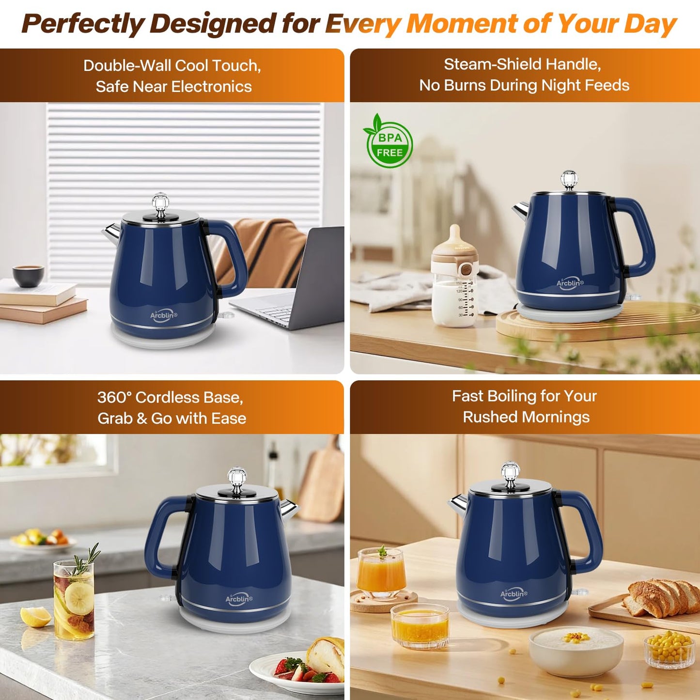 Retro Electric Kettle 1.8L, All Stainless Steel Hot Water Electric Kettle for Boiling Water, BPA Free Tea Kettle, 1350W Fast Boil, Auto Shut Off & Boil-Dry Protection