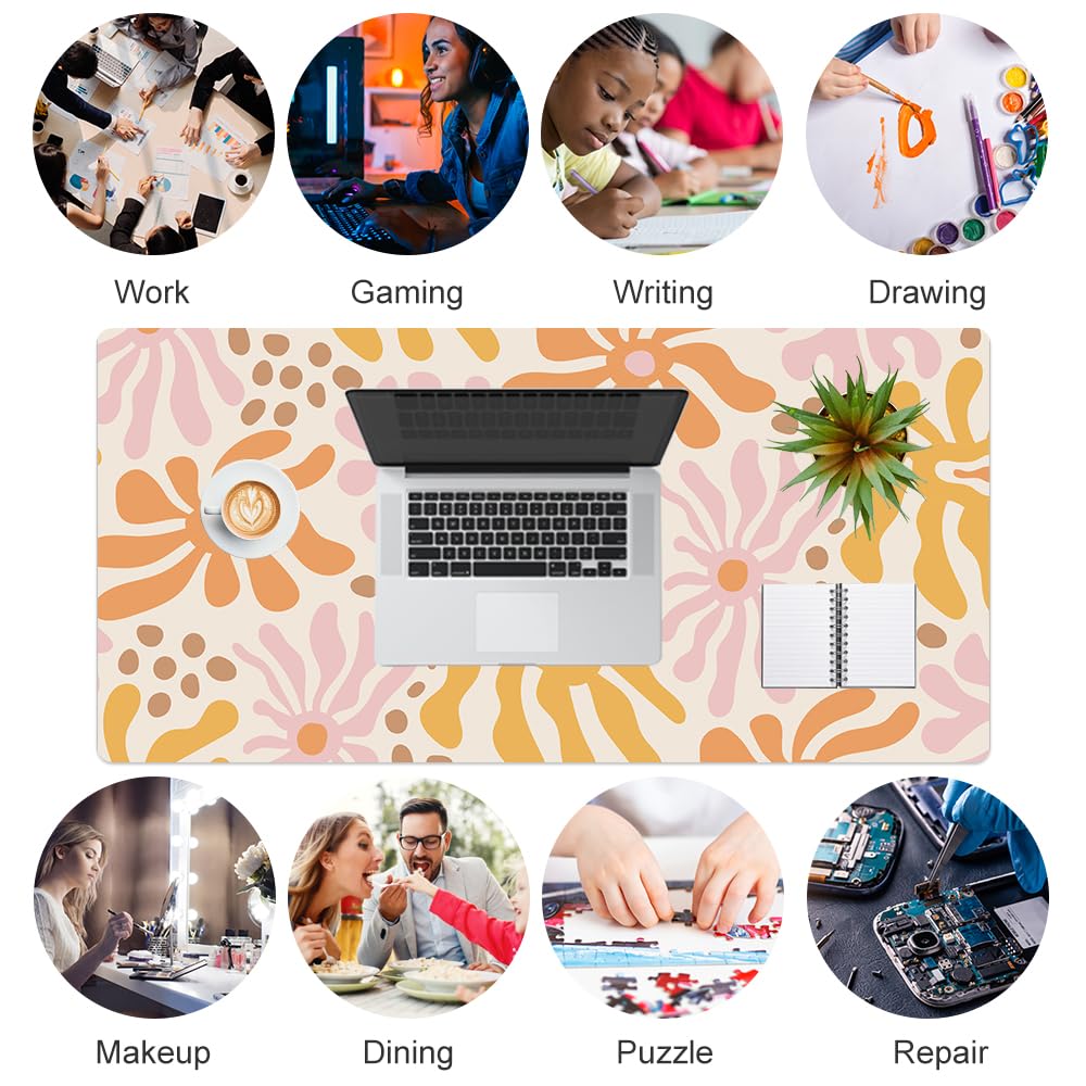 Colorful Star Large Mouse Pad, PU Leather Waterproof Desk Mat, Computer Gaming Mouse Pad, XXL Full Desk Mousepad Non Slip Desk Pad for School Office Home 31.5" x 15.7" - Wavy Flowers