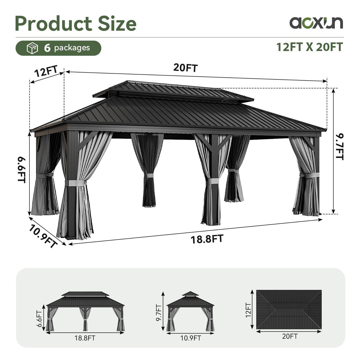Aoxun 12' X 20' Hardtop Gazebo with Drainage System, Aluminum Outdoor Gazebo with Galvanized Steel Double Roof, Patio Permanent Metal Pavilion with Netting, for Garden, Deck, Grey