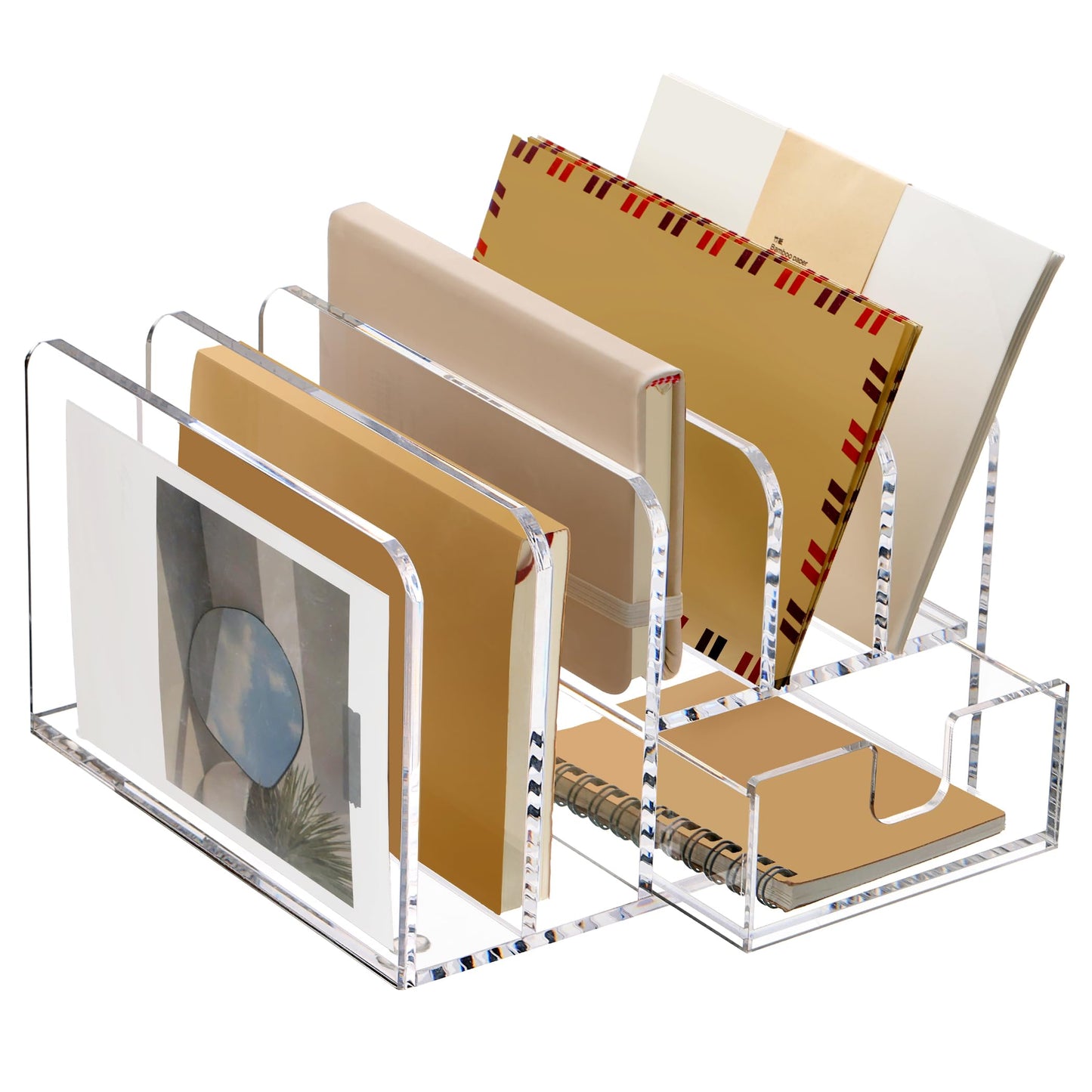 SANRUI Desk Organizers and Accessories, Acrylic Mail Organizer Countertop, 5-Slots File Sorter with Drawer, Desktop Organizer for Office Supplies