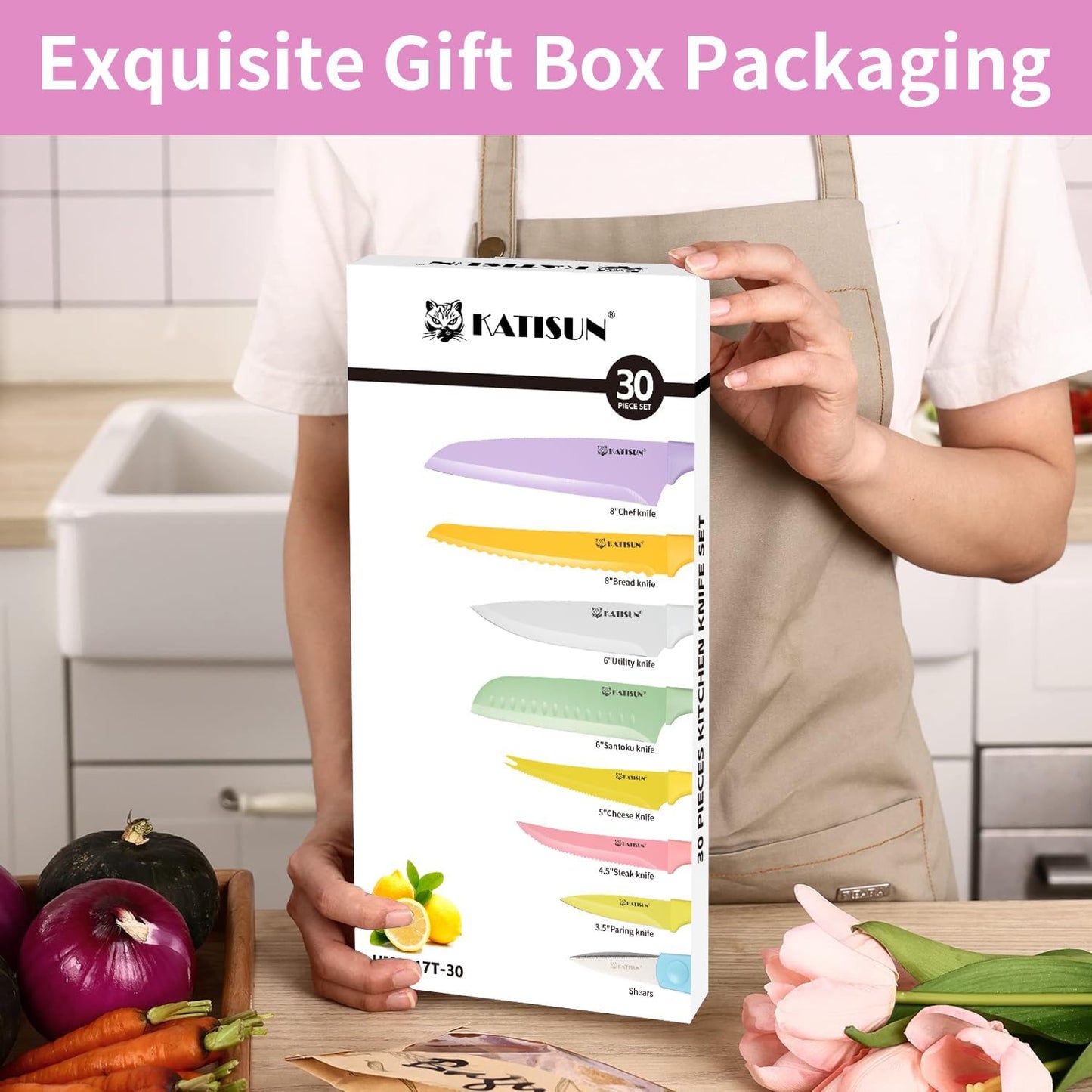 Knife Set with Kitchen Cutting Board, 30 Piece Colour Coding Stainless Steel Boxed Knives with Shears