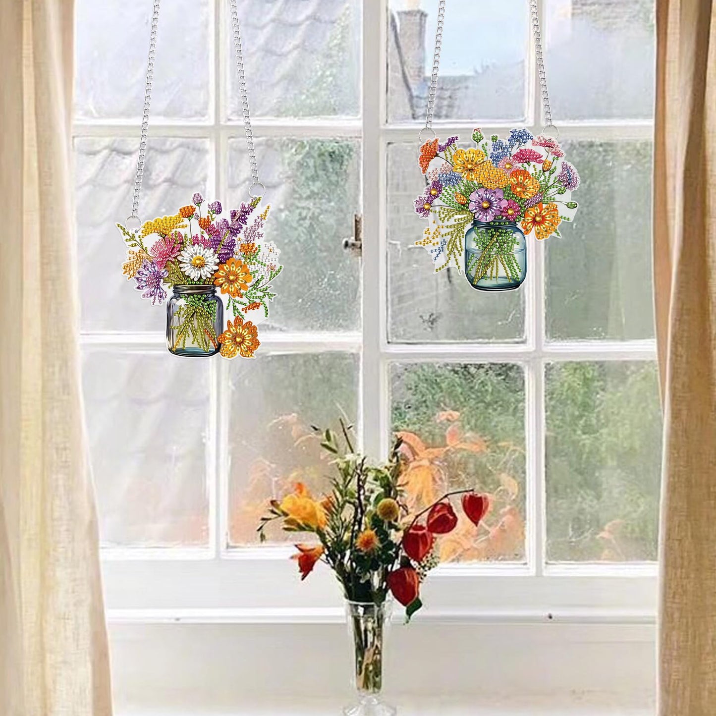 2 Pcs 5D DIY Diamond Painting Hanging Ornaments, Floral Bouquet Jar Design, Special Shaped Acrylic Diamond Art Suncatchers for Window or Wall Decor