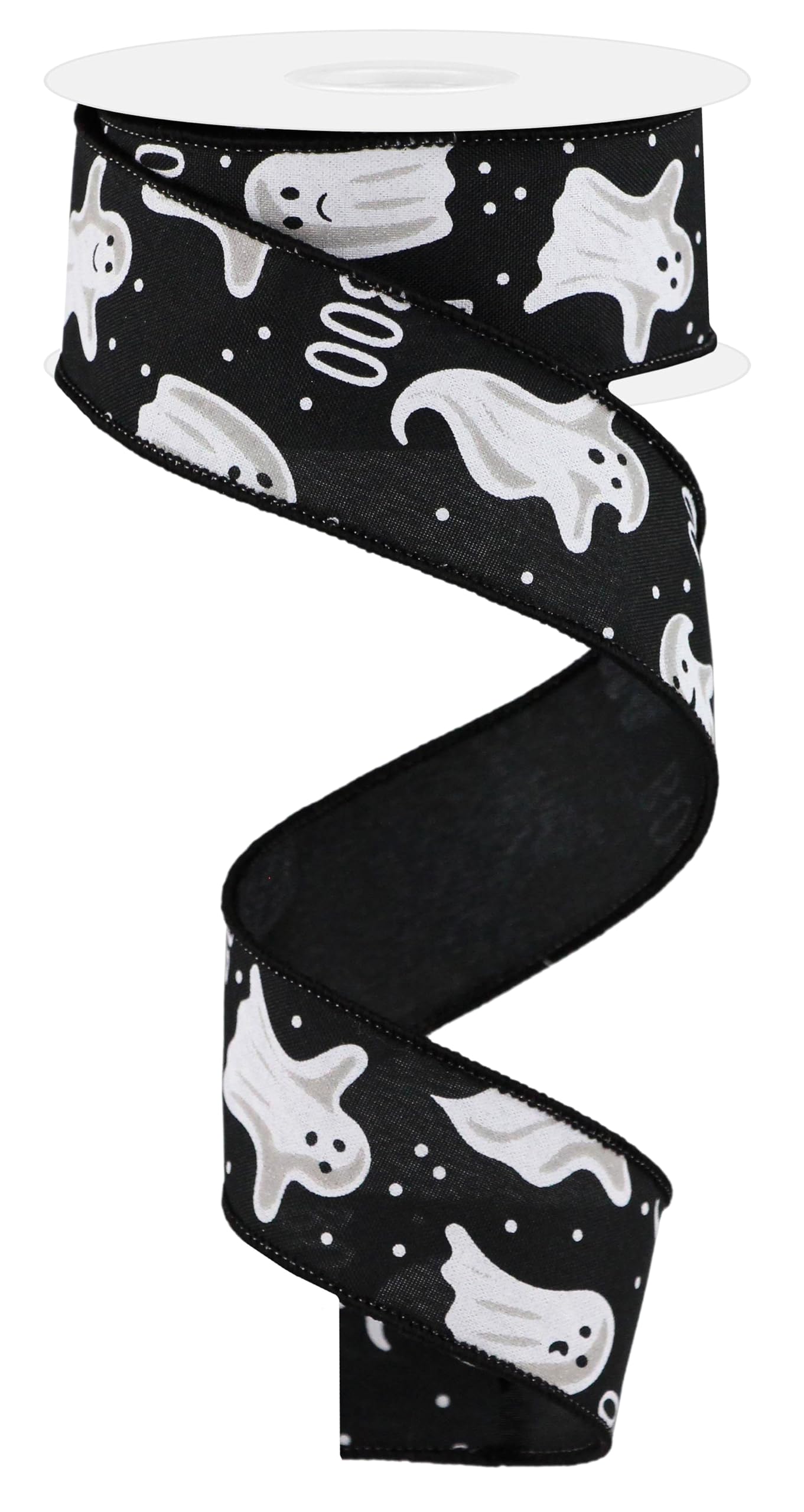 RG Ribbon Halloween Ghosts and Polka Dots, Wired Edges (Black, White, 1.5" Inches x 10 Yards)