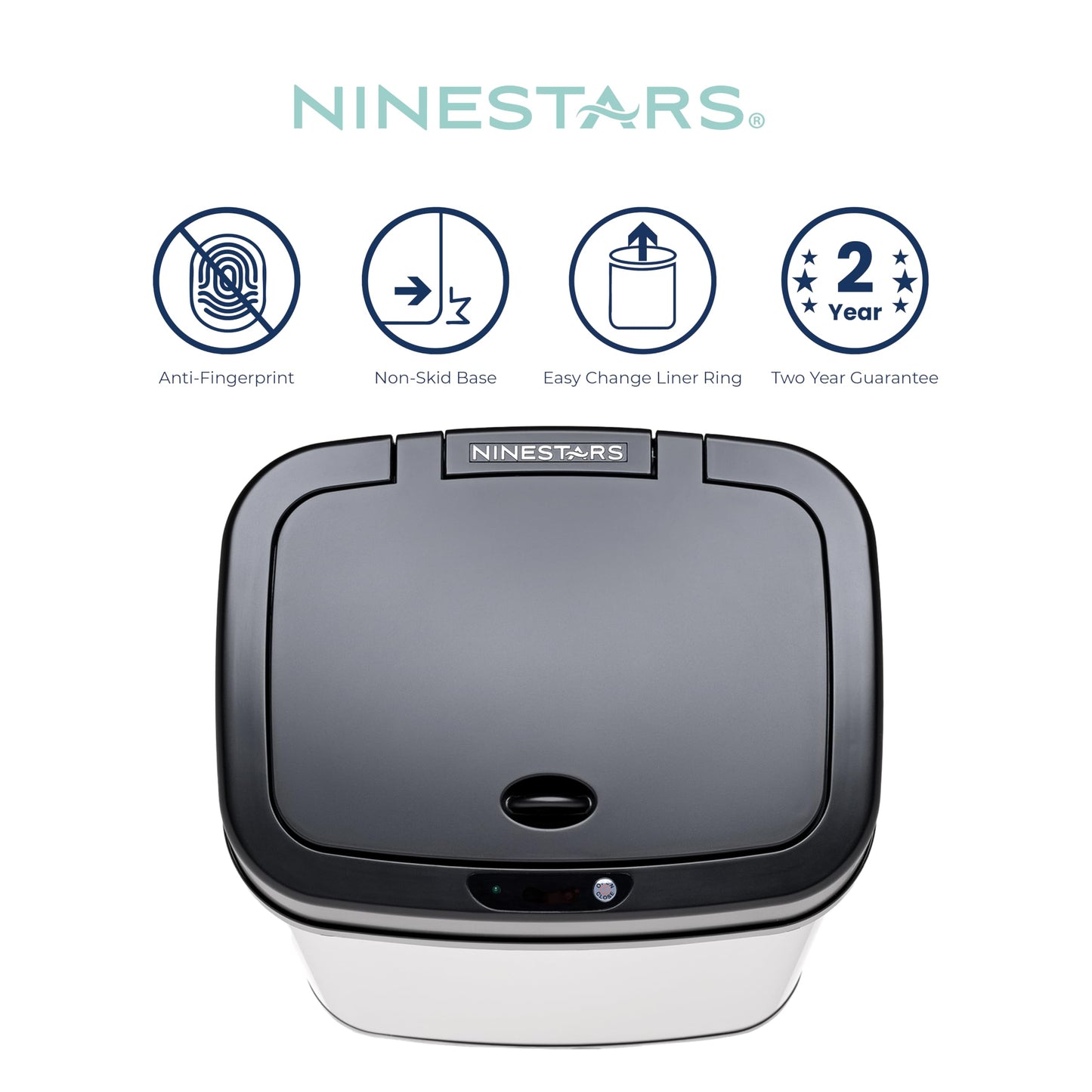 NINESTARS DZT-12-5 Bedroom or Bathroom Automatic Touchless Infrared Motion Sensor Trash Can, 3 Gal 12L, Stainless Steel Base (Rectangular, Black Lid)